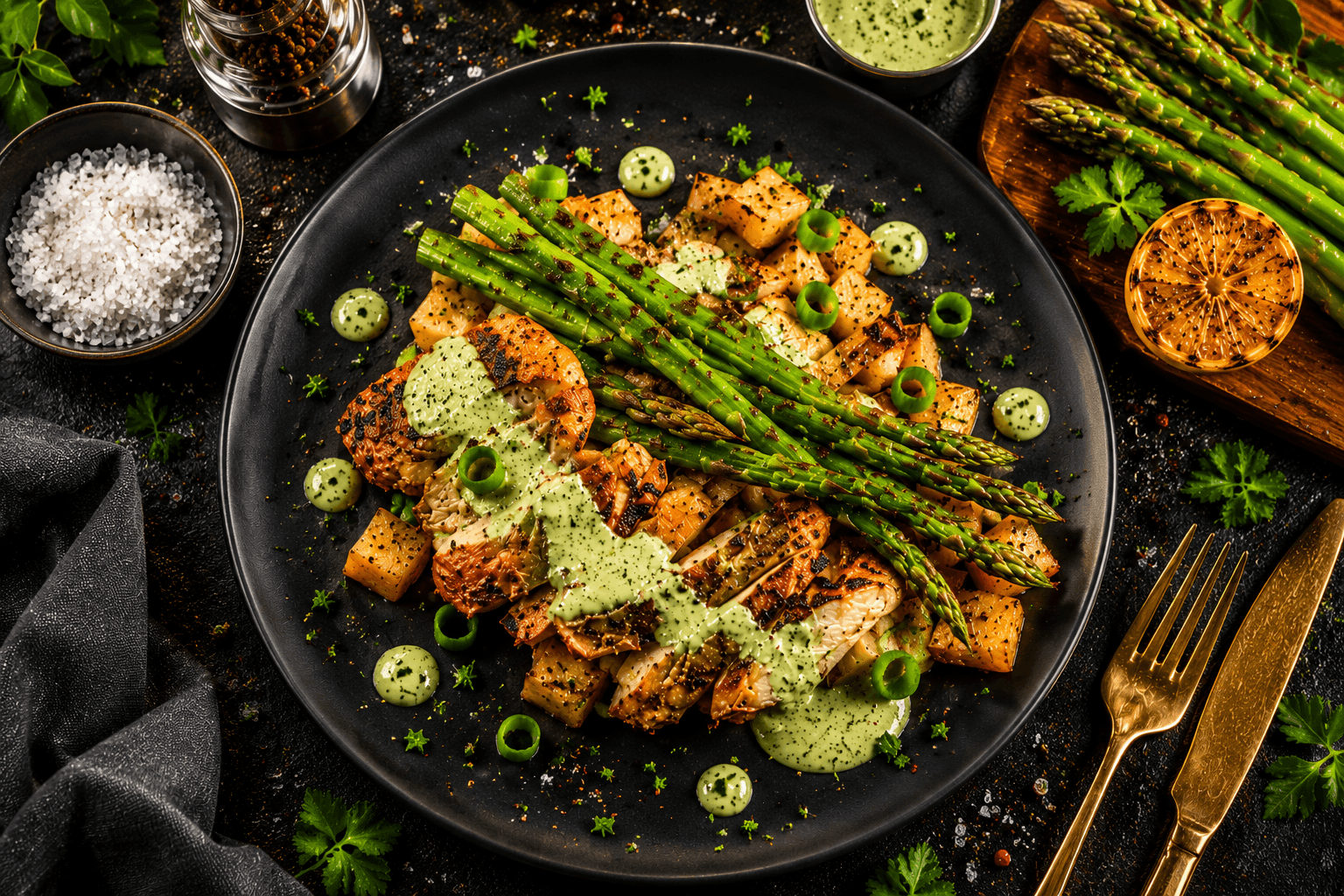 Tender, marinated Peruvian-style boneless chicken thighs served with crispy roasted potatoes and fresh asparagus. Finished with our signature house-made Aji Verde sauce—a creamy, vibrant green sauce packed with bold herbs, garlic, and a touch of heat for the perfect flavor-packed bite.
