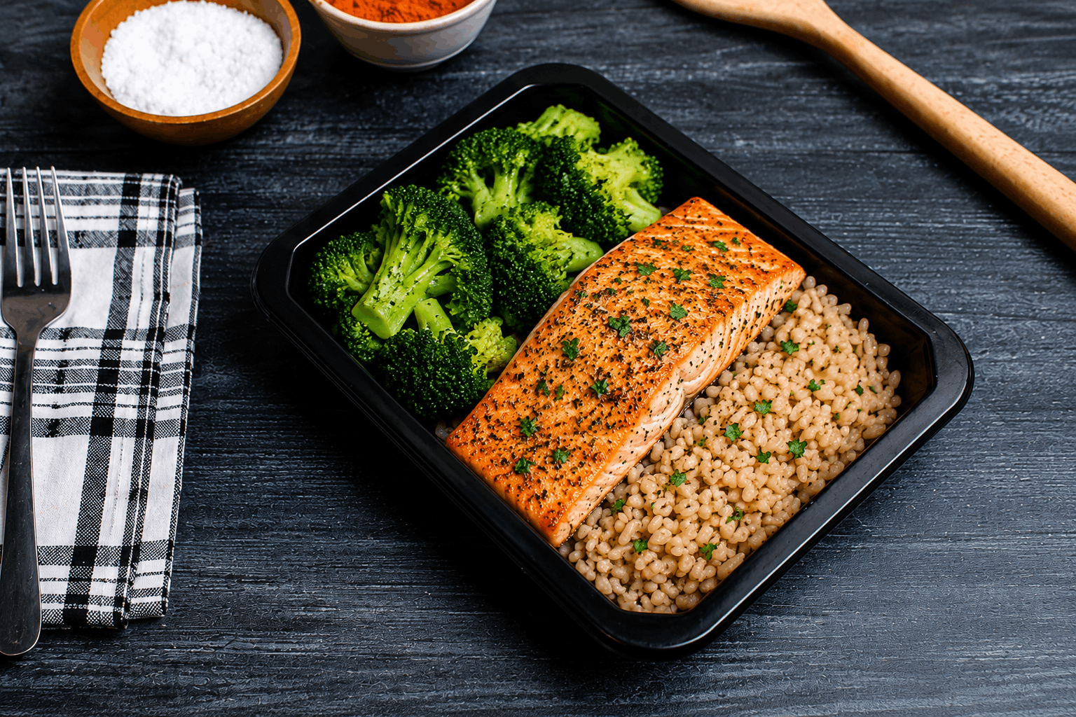 Fresh Atlantic salmon, oven-baked to perfection and lightly seasoned to let its natural flavor shine. Served alongside hearty brown rice and tender steamed broccoli for a clean, wholesome meal that's rich in protein, omega-3s, and simple goodness.