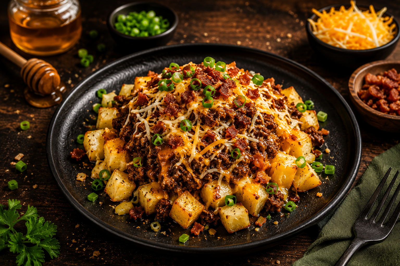Savory ground beef, hand-shredded and tossed in a sweet and smoky honey BBQ sauce, layered over seasoned diced potatoes. Topped with a melty cheese blend and crispy, tender bacon bits for the perfect comfort food combo.