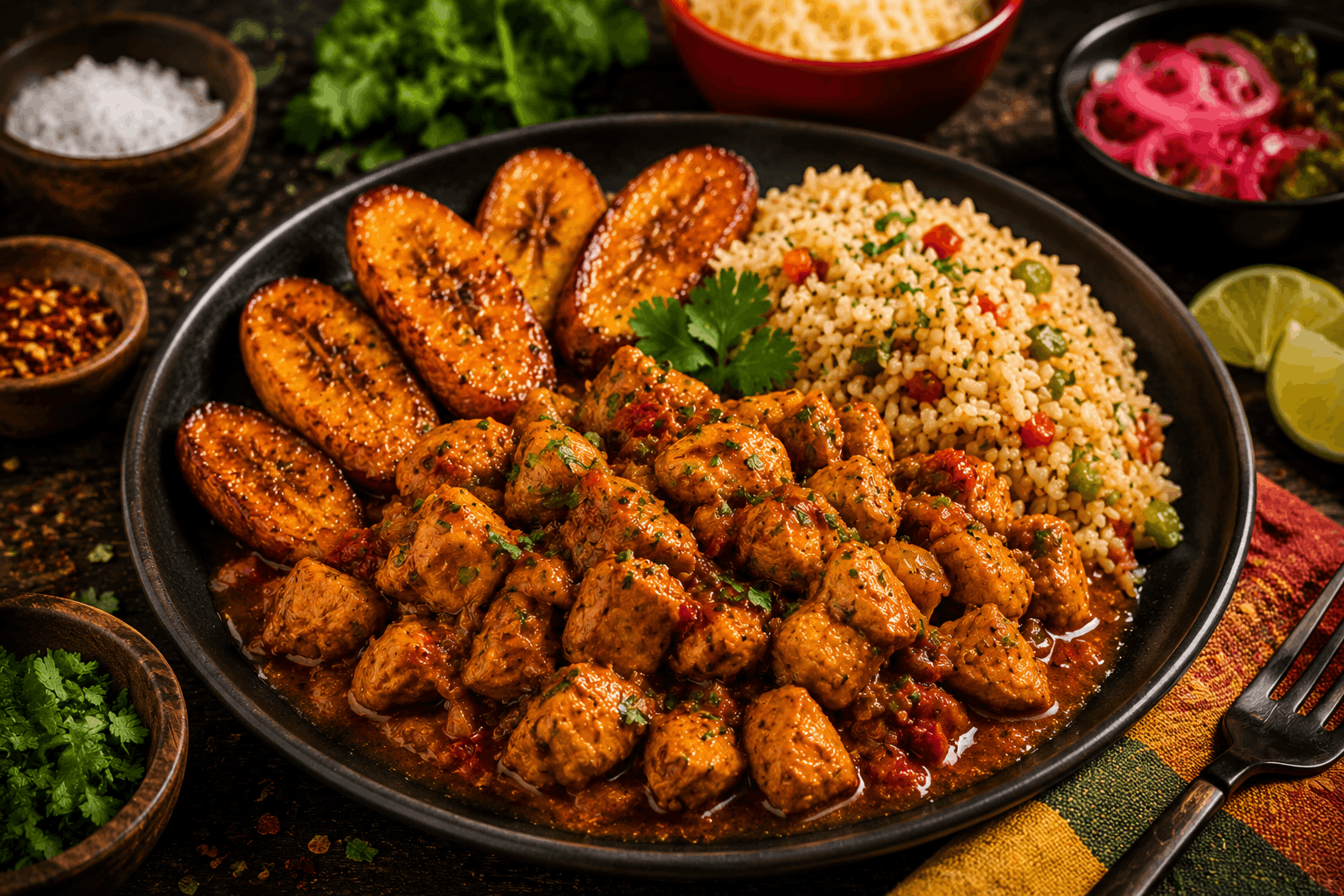 A traditional Latin-style braised chicken stew featuring tender chicken breast and thigh simmered in a rich, savory sauce. Served with sweet caramelized plantains and a flavorful jasmine rice blend for the perfect balance of comfort and authentic Caribbean flavor.