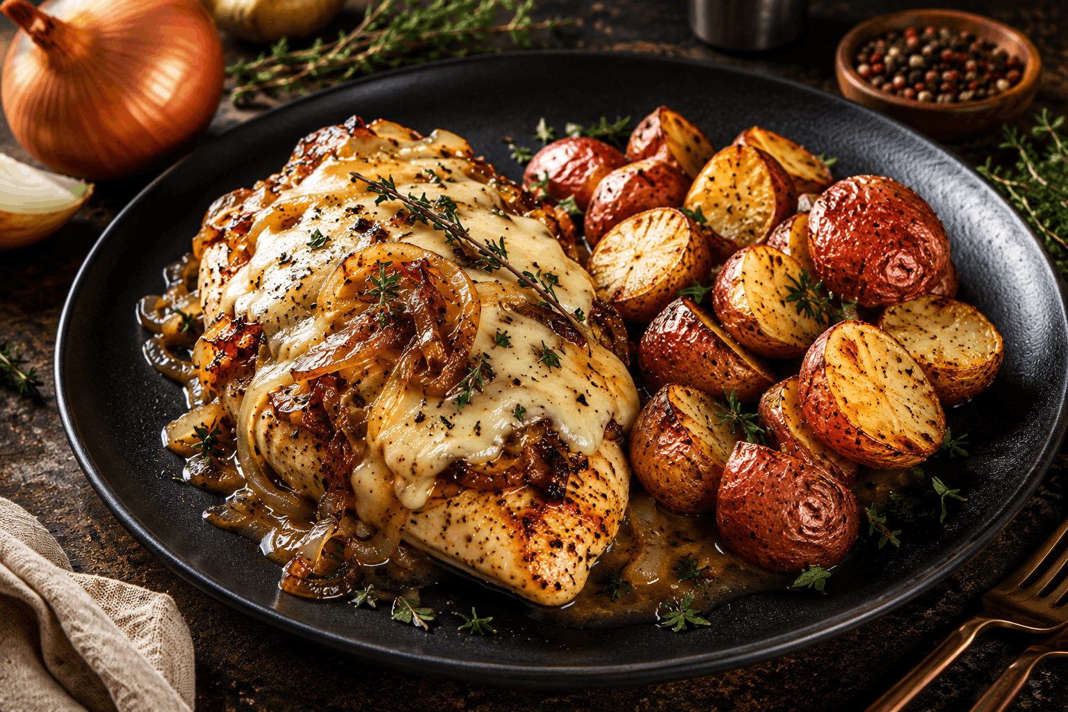 ender hormone-free chicken breast, lightly seasoned and oven-roasted to perfection, topped with sweet caramelized onions and melted Gruyère cheese. Served with crispy herb-roasted potatoes for a comforting, flavor-packed meal.