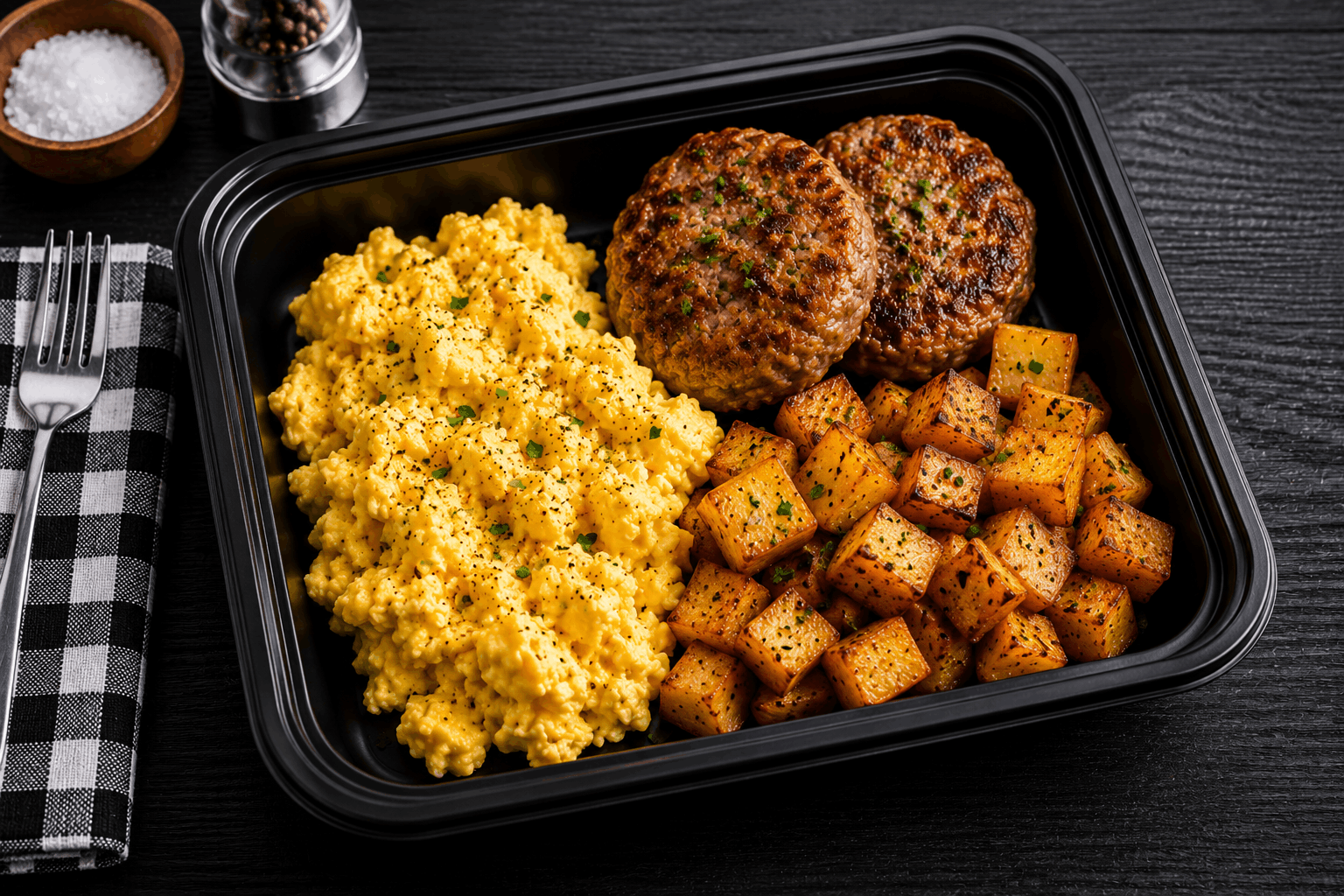 Chicken Sausage & Eggs Fresh-ground, handcrafted chicken sausage patties seasoned to perfection and oven-finished, served alongside fluffy scrambled eggs and crispy roasted potatoes.
