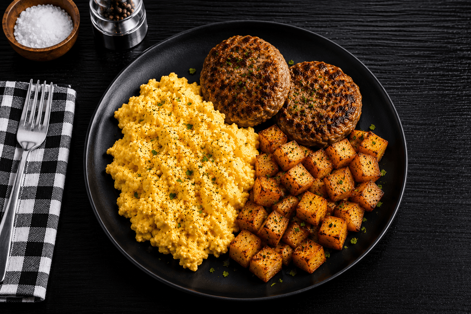 Chicken Sausage & Eggs Fresh-ground, handcrafted chicken sausage patties seasoned to perfection and oven-finished, served alongside fluffy scrambled eggs and crispy roasted potatoes.