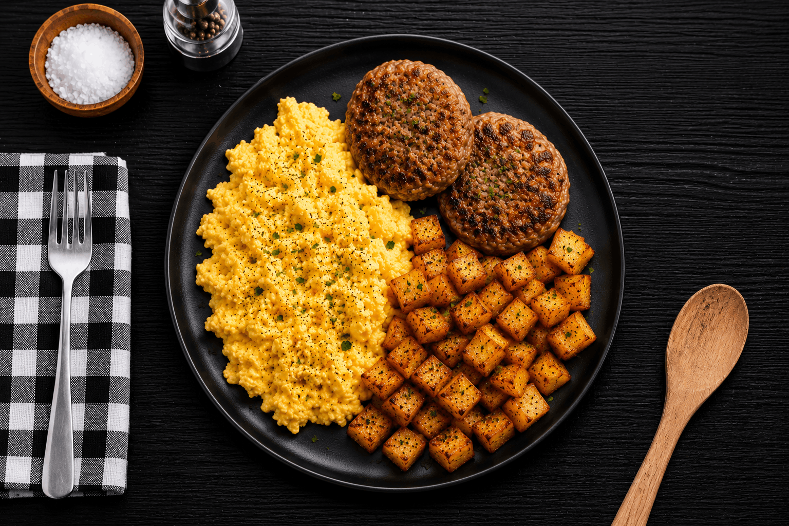 Chicken Sausage & Eggs Fresh-ground, handcrafted chicken sausage patties seasoned to perfection and oven-finished, served alongside fluffy scrambled eggs and crispy roasted potatoes.