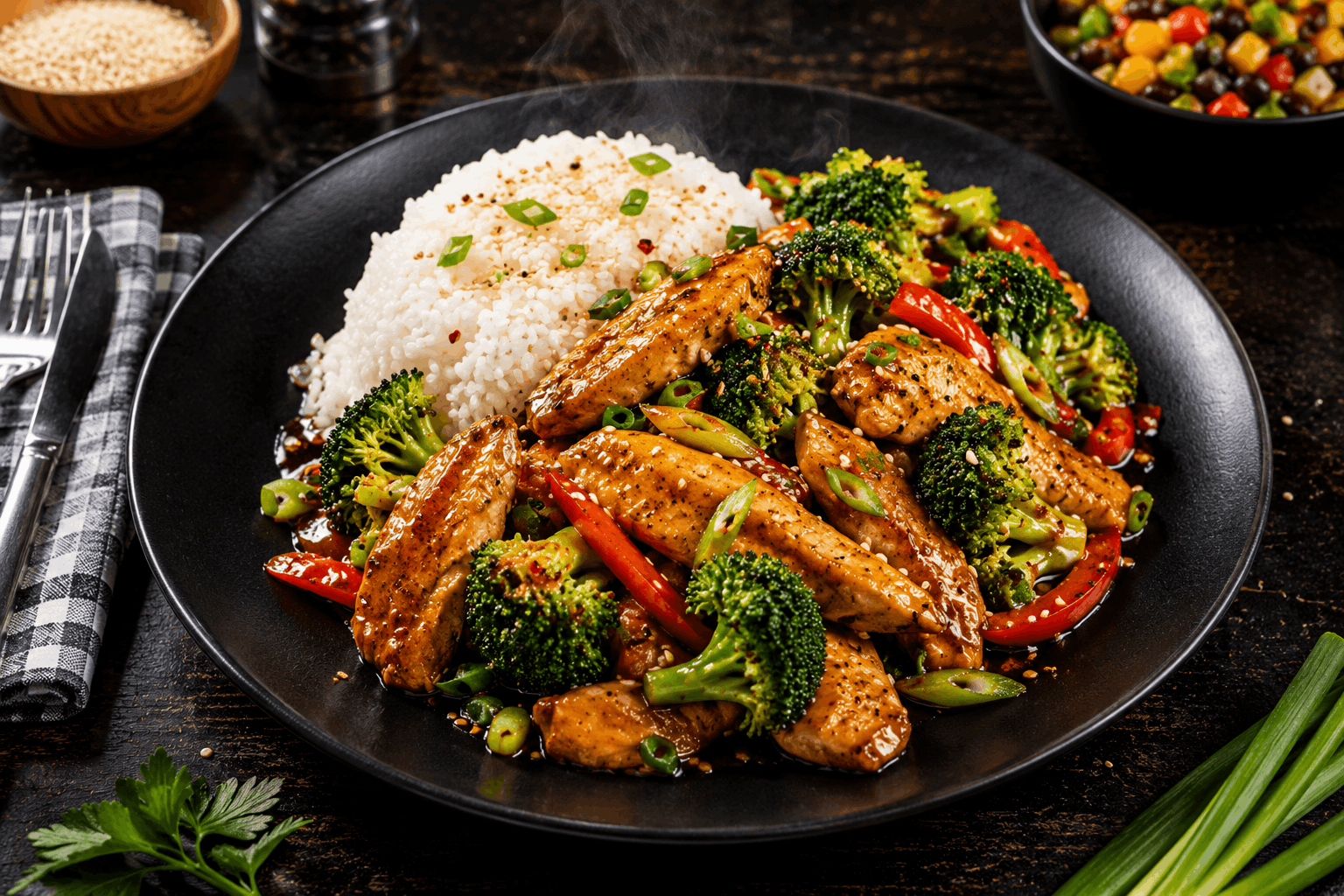 Tender chicken breast and crisp broccoli florets lightly sautéed in our signature house-made Asian sauce, served over a bed of fluffy jasmine rice for a flavorful and satisfying meal.