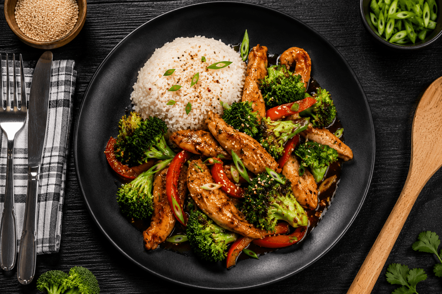 Tender chicken breast and crisp broccoli florets lightly sautéed in our signature house-made Asian sauce, served over a bed of fluffy jasmine rice for a flavorful and satisfying meal.