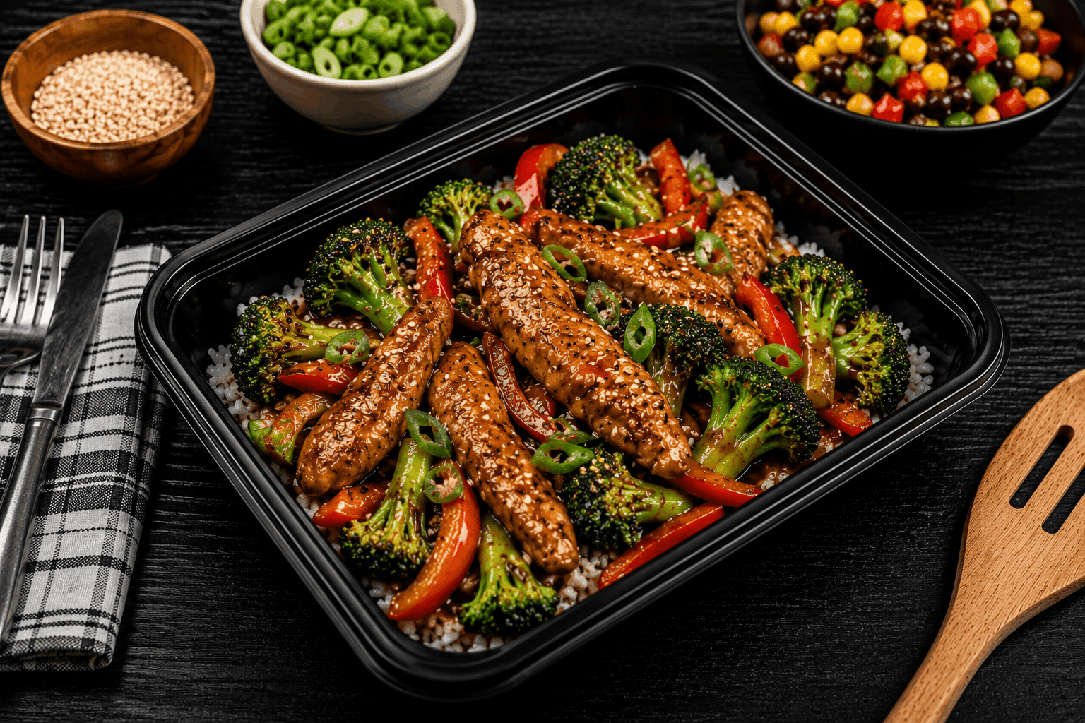 Tender chicken breast and crisp broccoli florets lightly sautéed in our signature house-made Asian sauce, served over a bed of fluffy jasmine rice for a flavorful and satisfying meal.