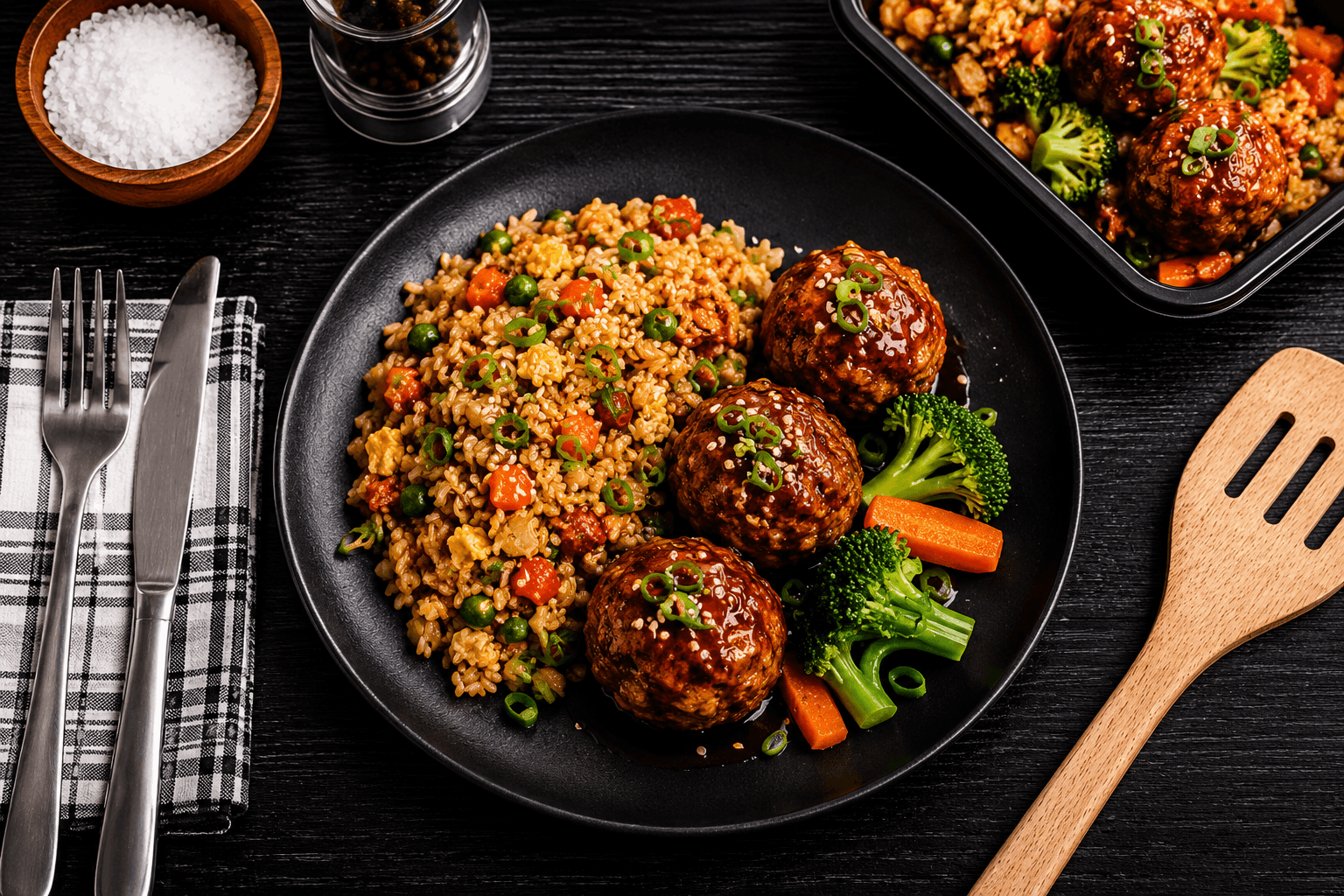 Hand-crafted, hormone-free chicken meatballs, lightly seasoned and pan-seared until golden brown. Glazed in our signature sweet teriyaki sauce and finished with fresh scallions. Served alongside savory vegetable fried rice for a flavorful, protein-packed meal.