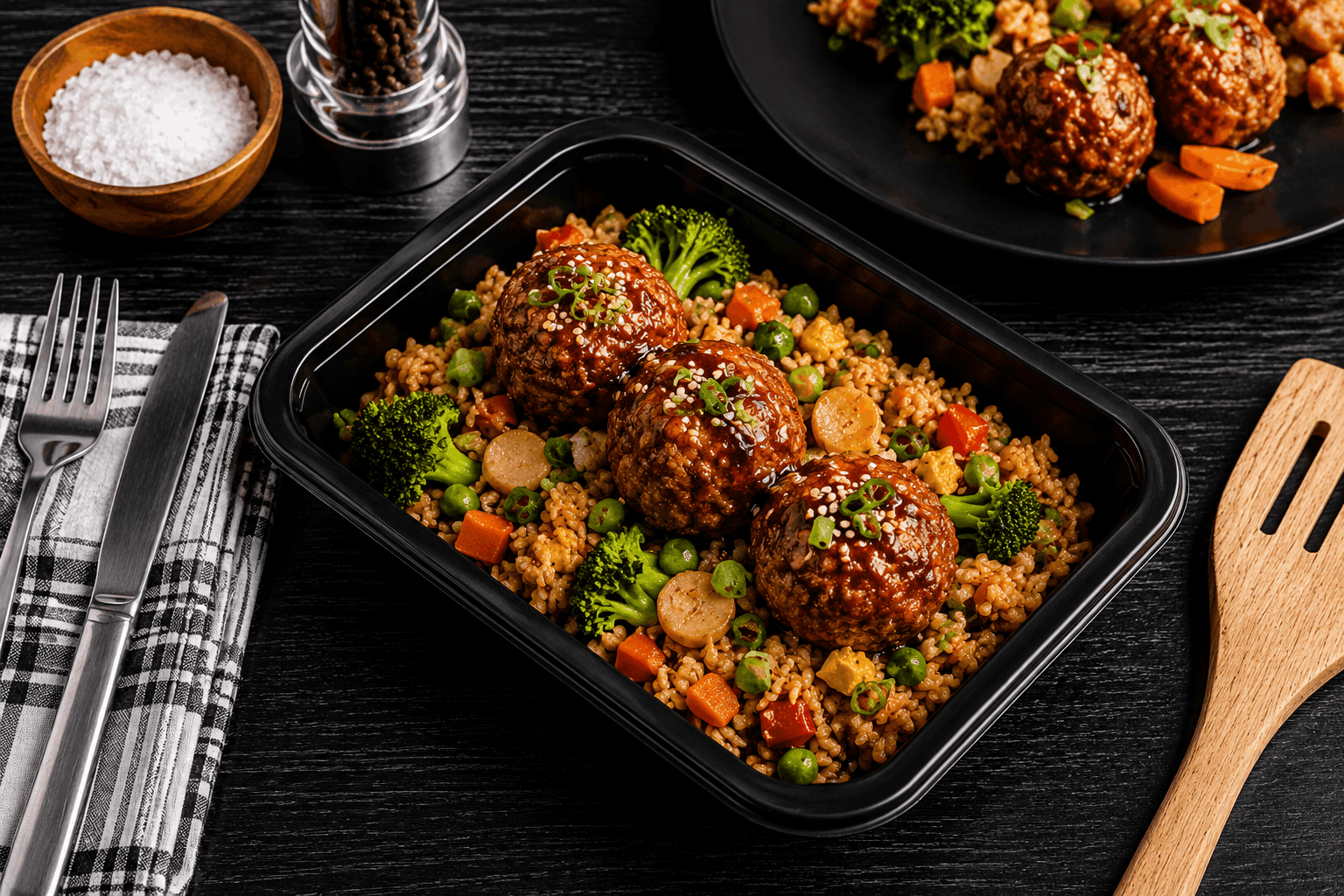Hand-crafted, hormone-free chicken meatballs, lightly seasoned and pan-seared until golden brown. Glazed in our signature sweet teriyaki sauce and finished with fresh scallions. Served alongside savory vegetable fried rice for a flavorful, protein-packed meal.