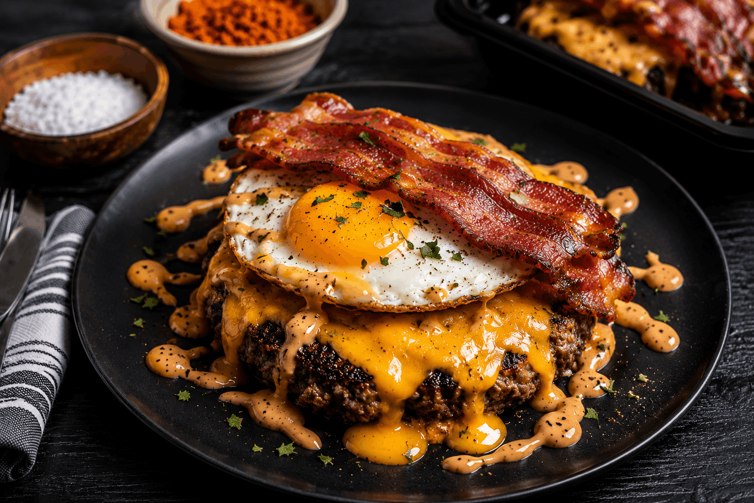 A 8oz tender and lush steakhouse elite burger patty, seared on the flattop and oven finished. Topped with a creamy and rich egg patty, chipotle cheddar cheese. Completed with strips of crispy bacon and a spicy chipotle aioli.