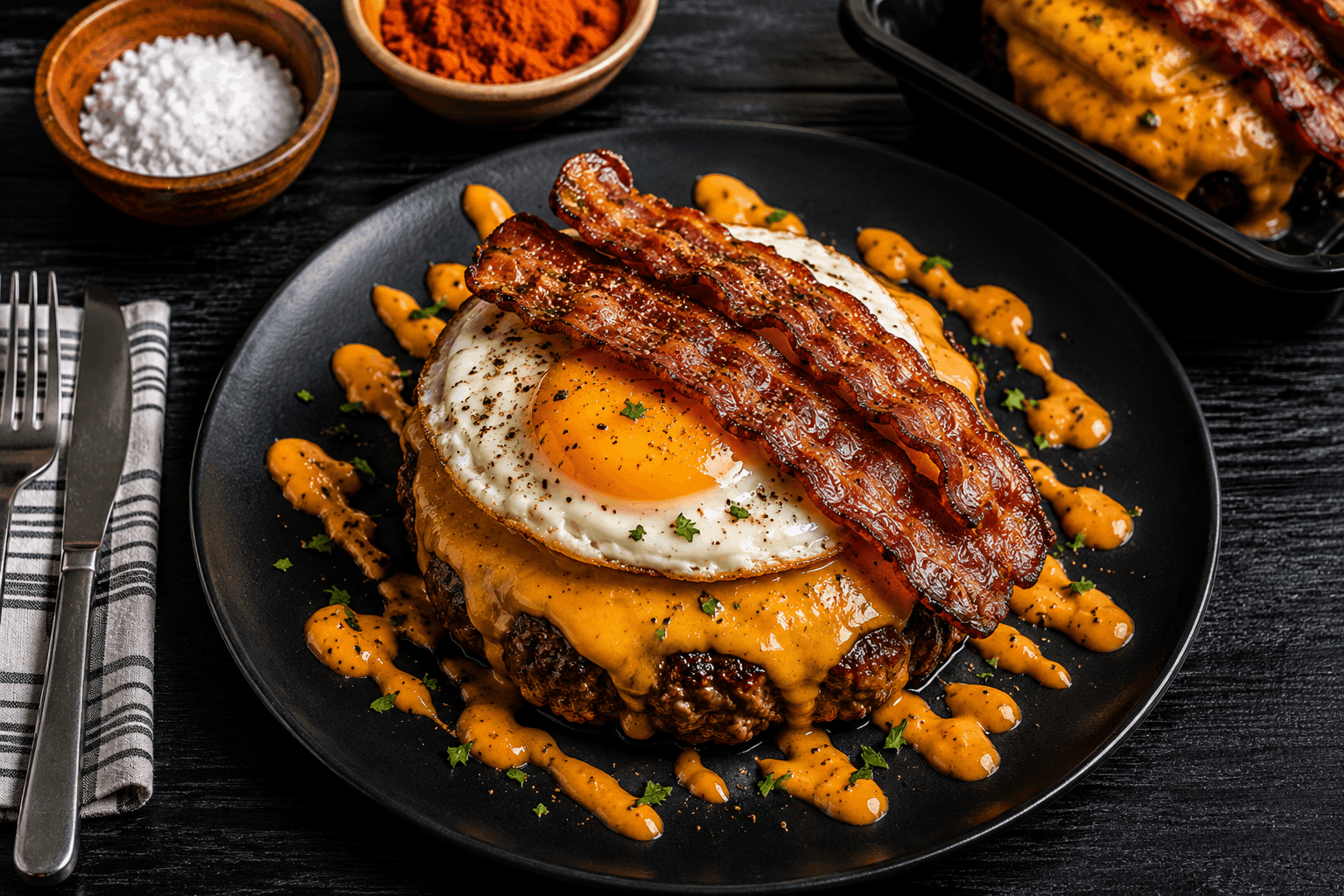 A 8oz tender and lush steakhouse elite burger patty, seared on the flattop and oven finished. Topped with a creamy and rich egg patty, chipotle cheddar cheese. Completed with strips of crispy bacon and a spicy chipotle aioli.