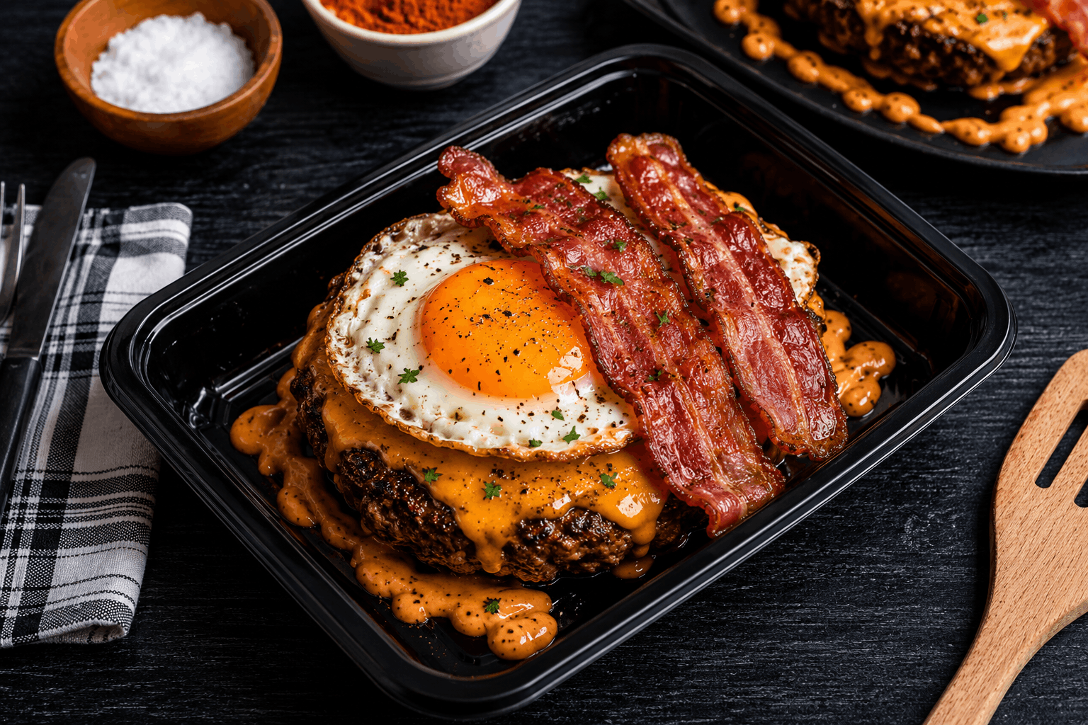 A 8oz tender and lush steakhouse elite burger patty, seared on the flattop and oven finished. Topped with a creamy and rich egg patty, chipotle cheddar cheese. Completed with strips of crispy bacon and a spicy chipotle aioli.