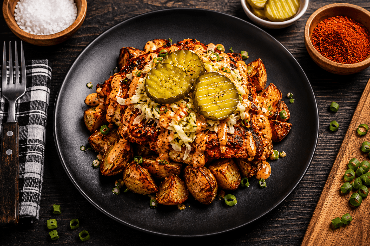 A vibrant grilled chicken thigh coated in a spicy, cayenne-based sauce. Plated over oven roasted red potatoes and topped with a slaw tossed in a house-made garlic aioli. Crowned with crunchy pickles. Be careful this dish packs a significant kick of heat.