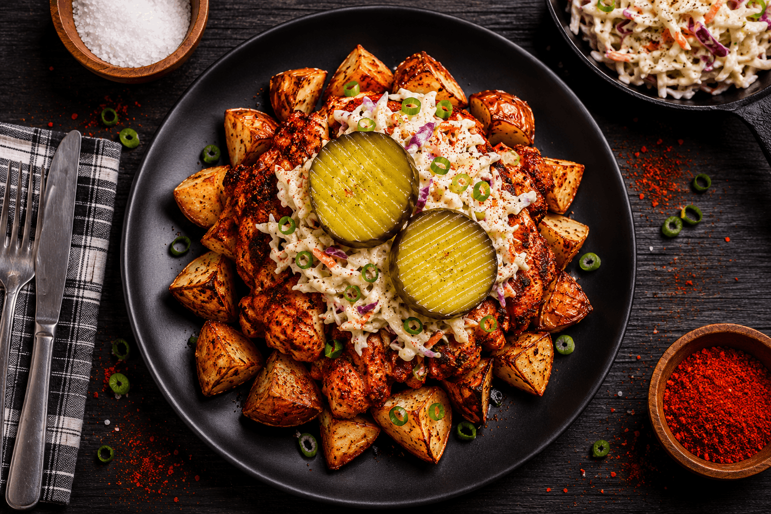 A vibrant grilled chicken thigh coated in a spicy, cayenne-based sauce. Plated over oven roasted red potatoes and topped with a slaw tossed in a house-made garlic aioli. Crowned with crunchy pickles. Be careful this dish packs a significant kick of heat.