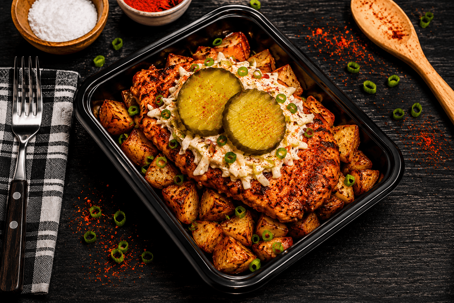 A vibrant grilled chicken thigh coated in a spicy, cayenne-based sauce. Plated over oven roasted red potatoes and topped with a slaw tossed in a house-made garlic aioli. Crowned with crunchy pickles. Be careful this dish packs a significant kick of heat.