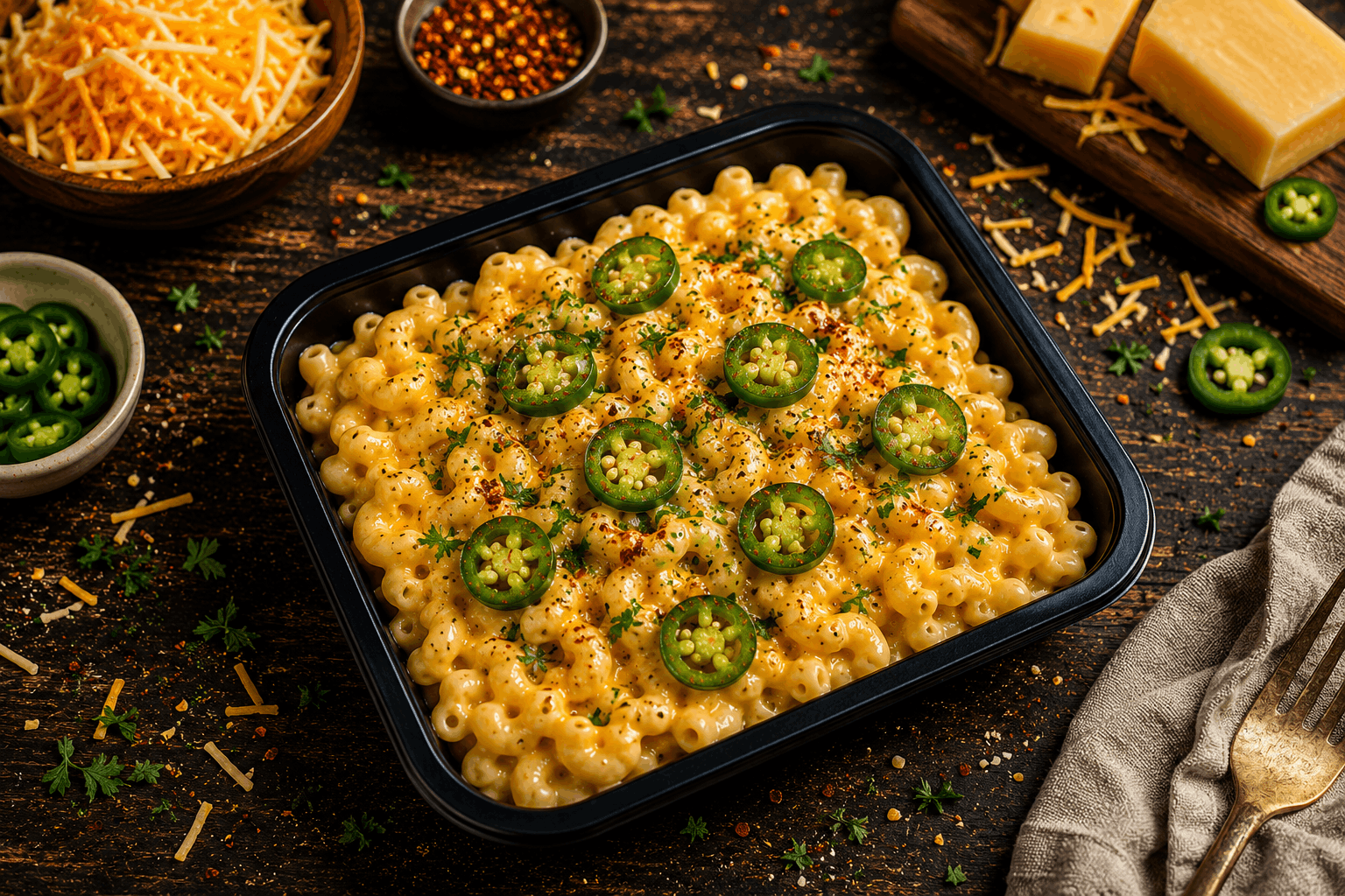 Tender elbow pasta tossed in a rich, house-made three-cheese sauce and topped with fresh jalapeño slices, delivering the perfect combination of creamy comfort and bold flavor in every bite.