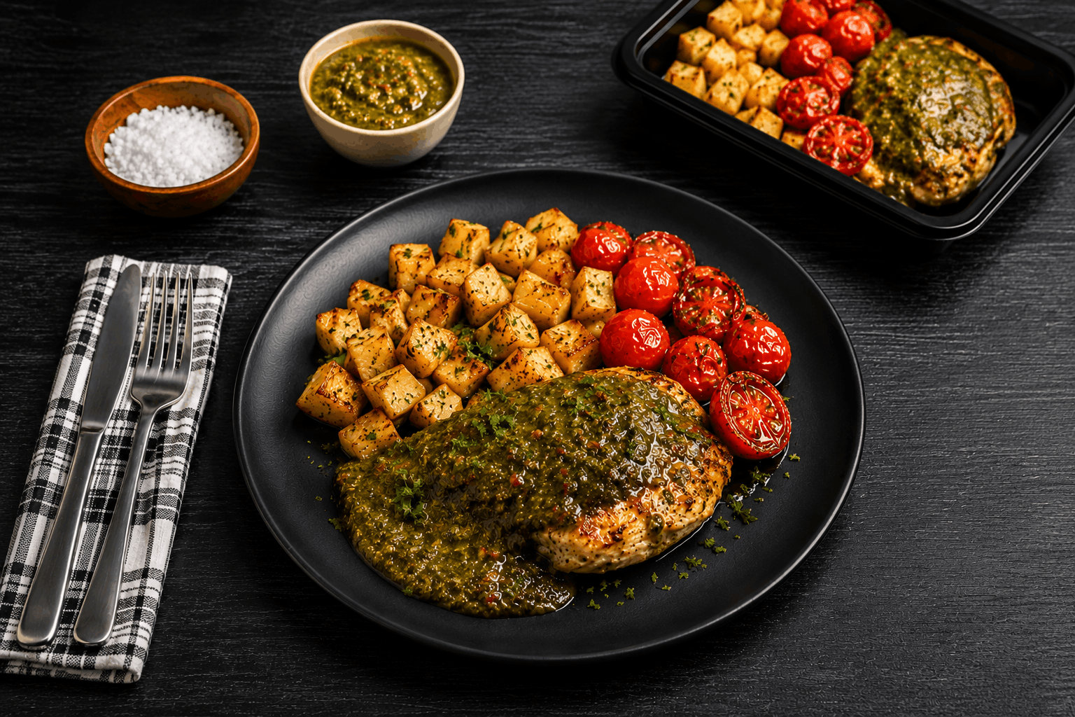 A juicy grilled chicken breast seasoned with bold, smoky South American-inspired spices and finished to perfection. Served alongside sweet roasted cherry tomatoes and golden roasted potatoes, this hearty dish delivers rustic flavor, vibrant color, and satisfying comfort in every bite.