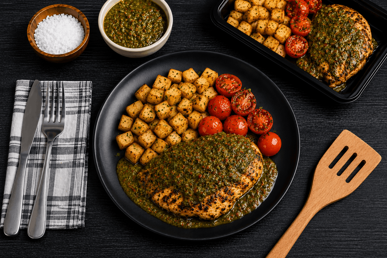 A juicy grilled chicken breast seasoned with bold, smoky South American-inspired spices and finished to perfection. Served alongside sweet roasted cherry tomatoes and golden roasted potatoes, this hearty dish delivers rustic flavor, vibrant color, and satisfying comfort in every bite.
