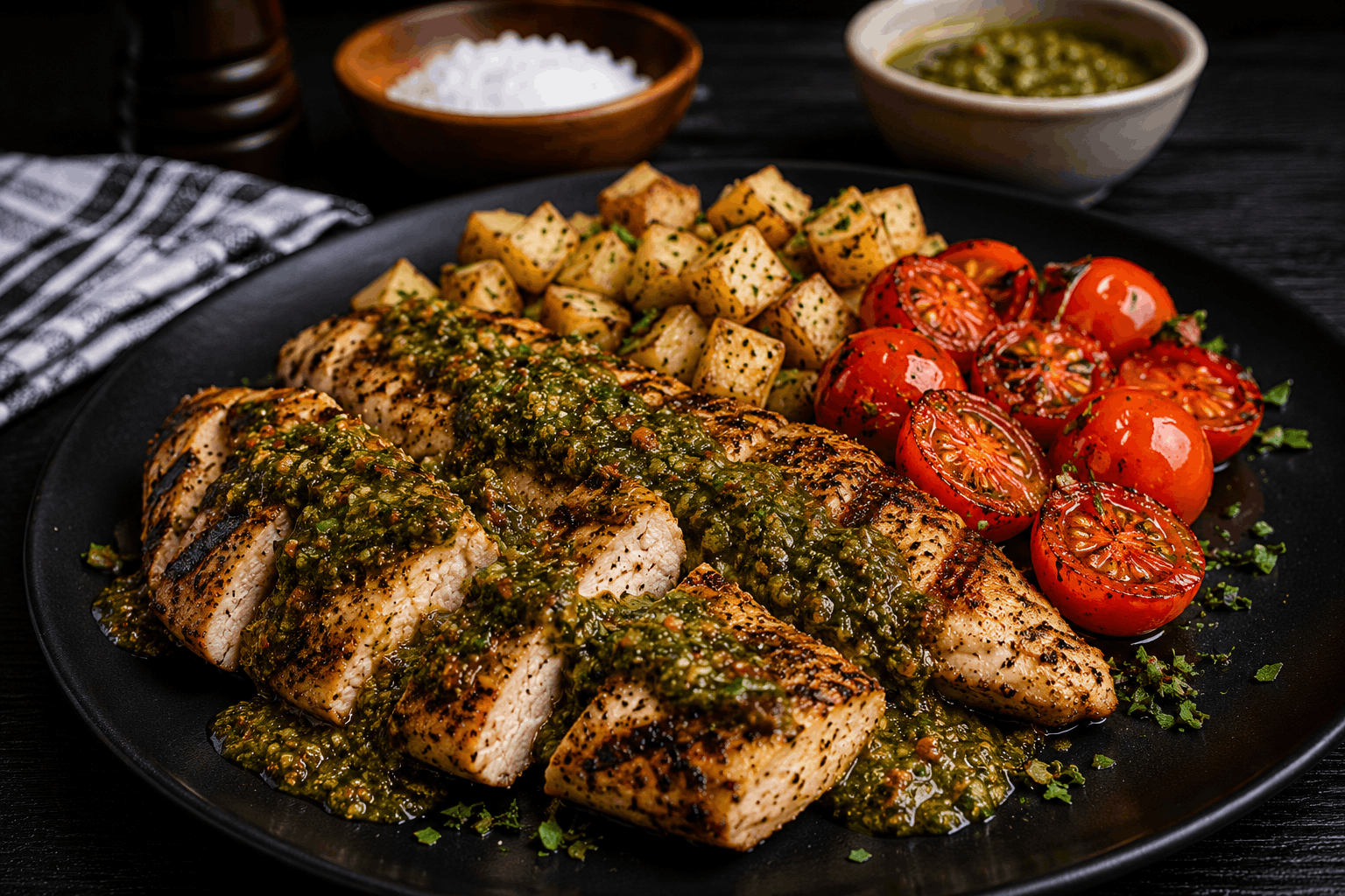 A juicy grilled chicken breast seasoned with bold, smoky South American-inspired spices and finished to perfection. Served alongside sweet roasted cherry tomatoes and golden roasted potatoes, this hearty dish delivers rustic flavor, vibrant color, and satisfying comfort in every bite.