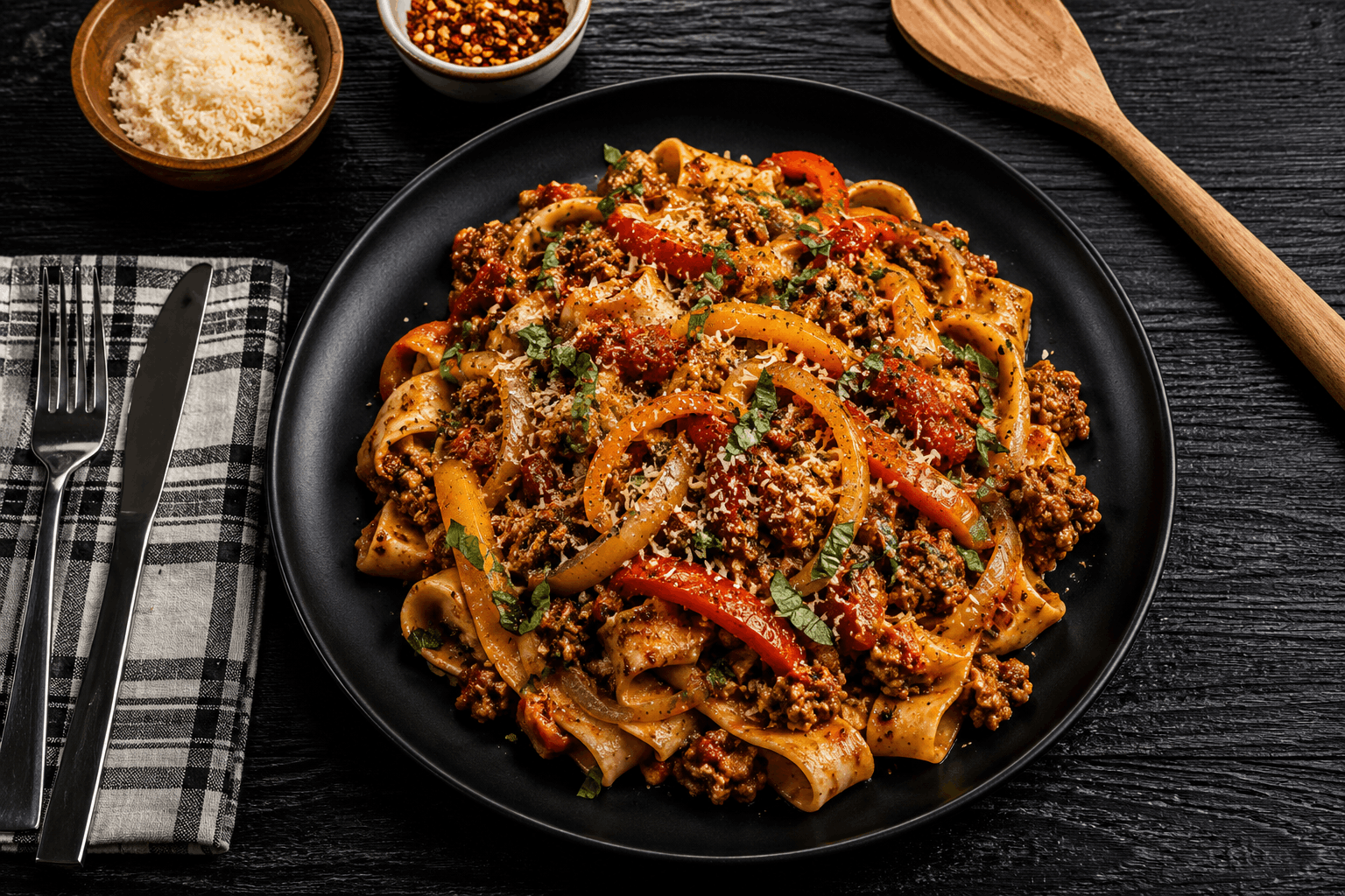 Pappardelle pasta tossed with spicy Italian chicken sausage, sweet bell peppers, and onions in a rich tomato and white wine sauce. Finished with fresh basil and Parmesan for a bold, rustic Italian flavor.