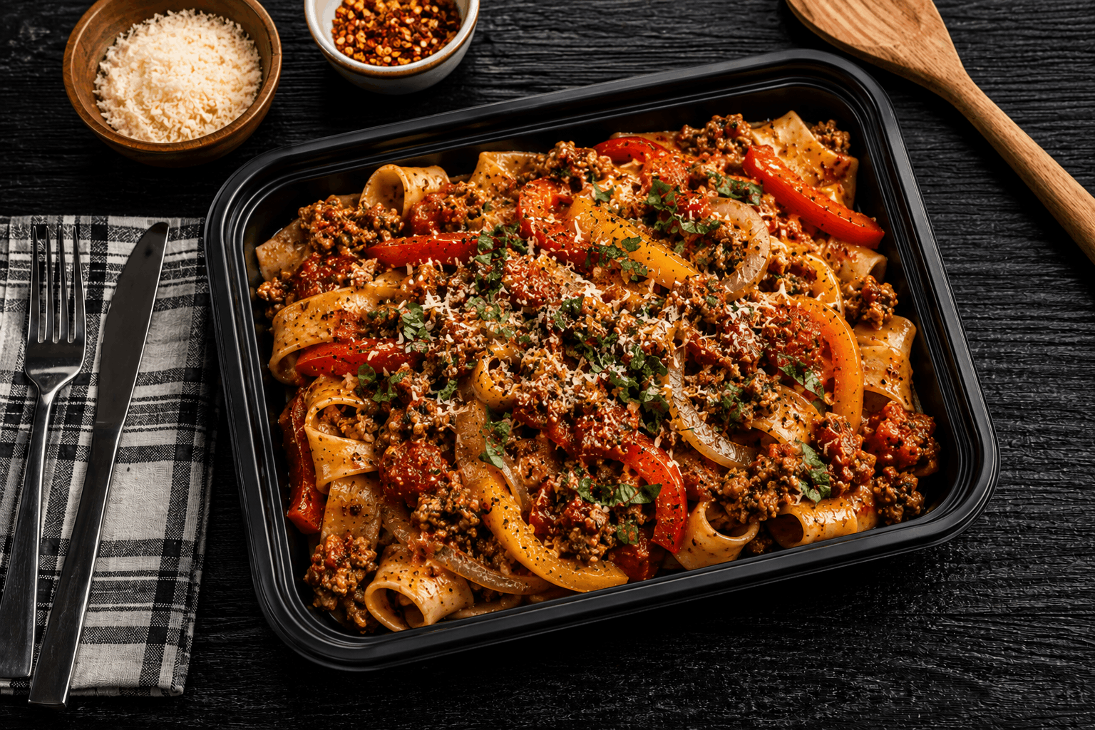 Pappardelle pasta tossed with spicy Italian chicken sausage, sweet bell peppers, and onions in a rich tomato and white wine sauce. Finished with fresh basil and Parmesan for a bold, rustic Italian flavor.