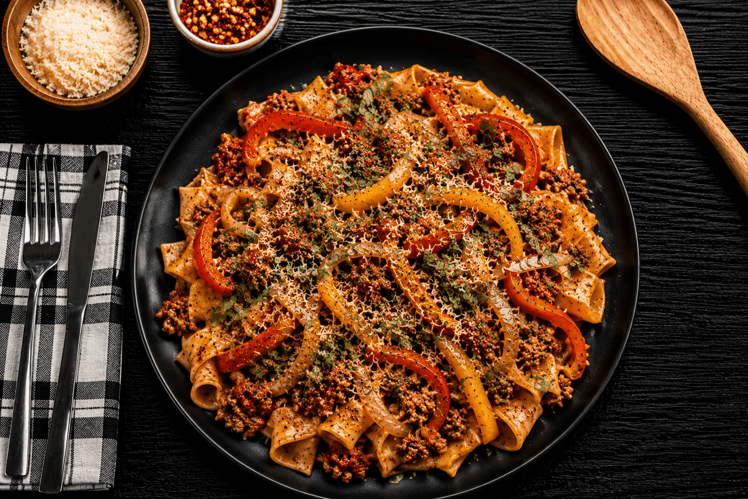 Pappardelle pasta tossed with spicy Italian chicken sausage, sweet bell peppers, and onions in a rich tomato and white wine sauce. Finished with fresh basil and Parmesan for a bold, rustic Italian flavor.