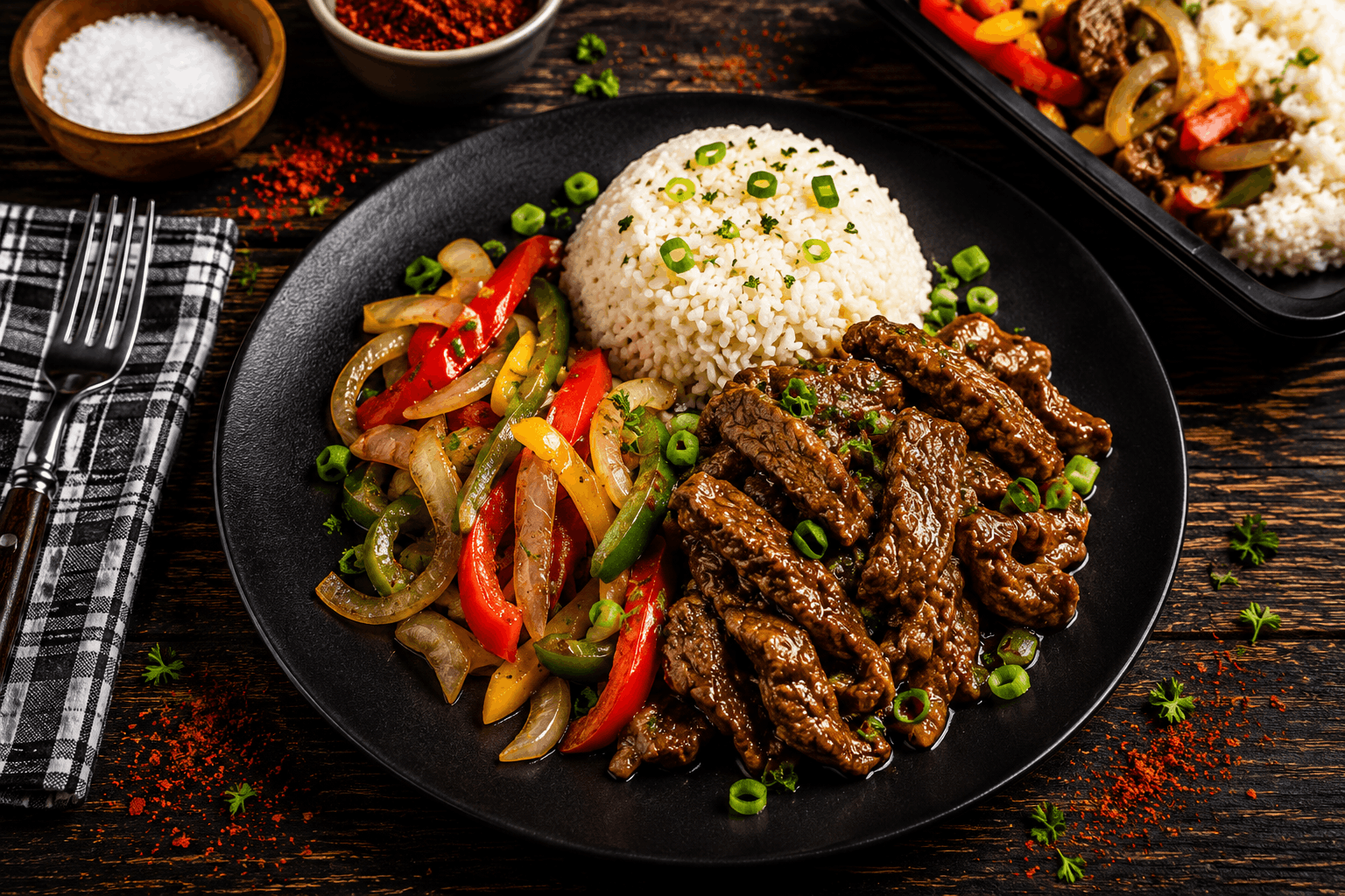 Make more appetizing, size 1536 x 1024, add flair to background. Pepper Steak Tender marinated steak, seared to perfection and tossed with sweet bell peppers and caramelized onions in a rich, savory pan sauce. Served over a bed of fluffy jasmine rice for a classic, satisfying meal packed with bold flavor.