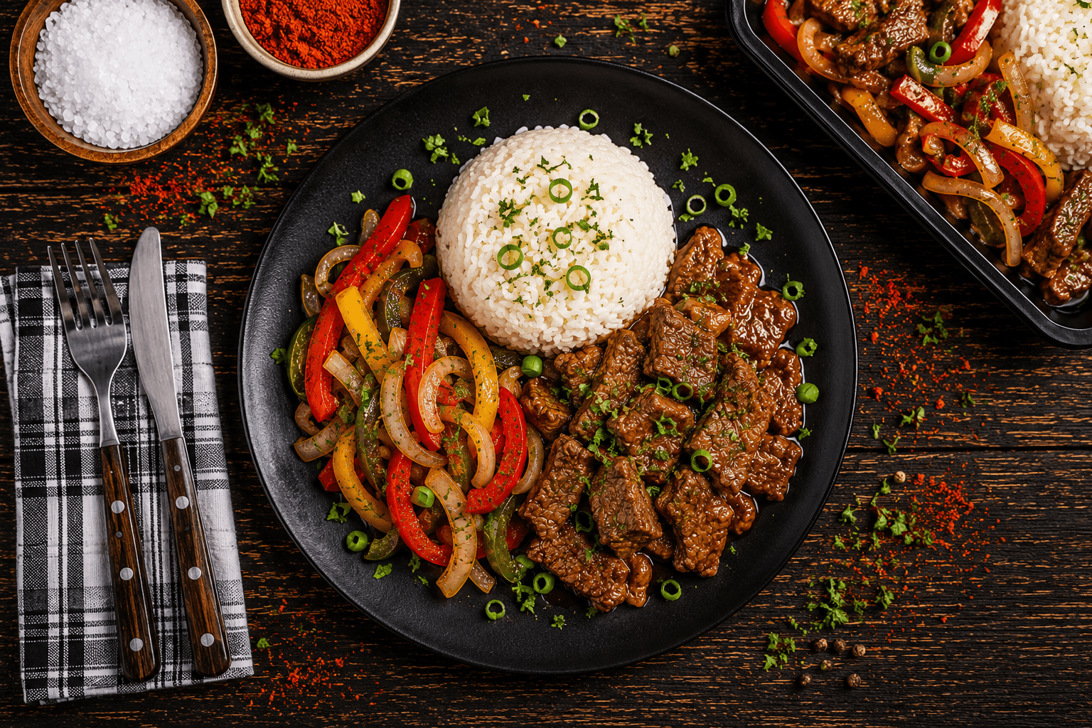 Make more appetizing, size 1536 x 1024, add flair to background. Pepper Steak Tender marinated steak, seared to perfection and tossed with sweet bell peppers and caramelized onions in a rich, savory pan sauce. Served over a bed of fluffy jasmine rice for a classic, satisfying meal packed with bold flavor.