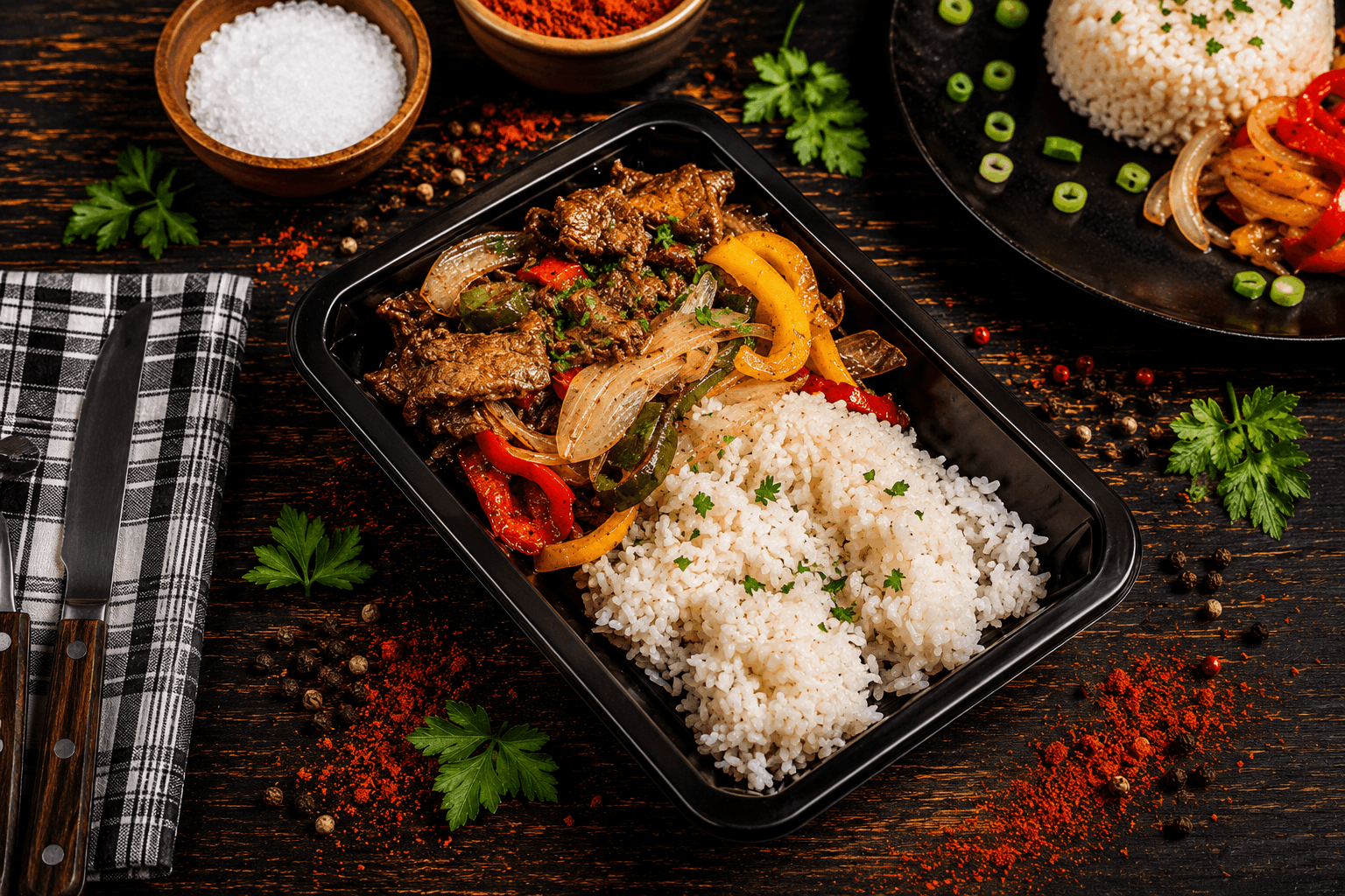 Make more appetizing, size 1536 x 1024, add flair to background. Pepper Steak Tender marinated steak, seared to perfection and tossed with sweet bell peppers and caramelized onions in a rich, savory pan sauce. Served over a bed of fluffy jasmine rice for a classic, satisfying meal packed with bold flavor.