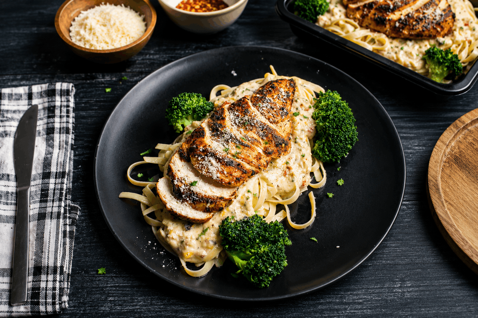 Fajita-seasoned grilled chicken breast tossed with fettuccine pasta in a creamy Alfredo–elote sauce, finished with sweet corn, tender broccoli florets, and subtle smoky spices for a bold Mexican-inspired twist on a classic carbonara.