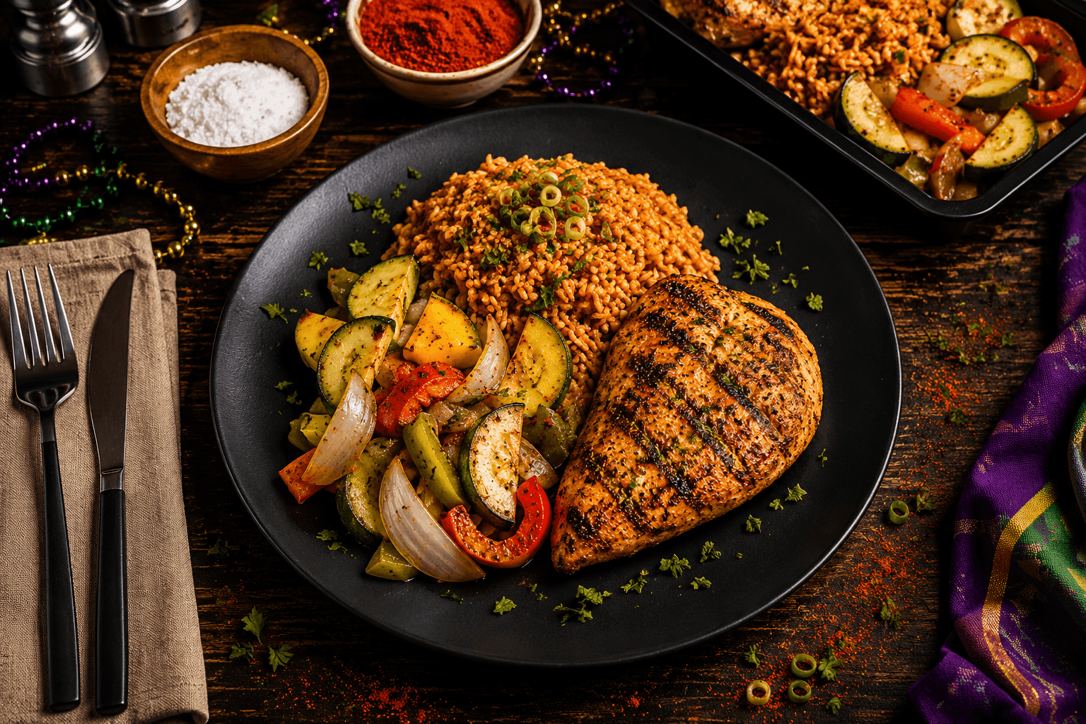 Juicy, hormone-free chicken breast rubbed in vibrant Cajun spices and flame-grilled. Plated with savory jasmine dirty rice folded with zucchini, and finished with a colorful side of sautéed bell peppers and sweet onions.