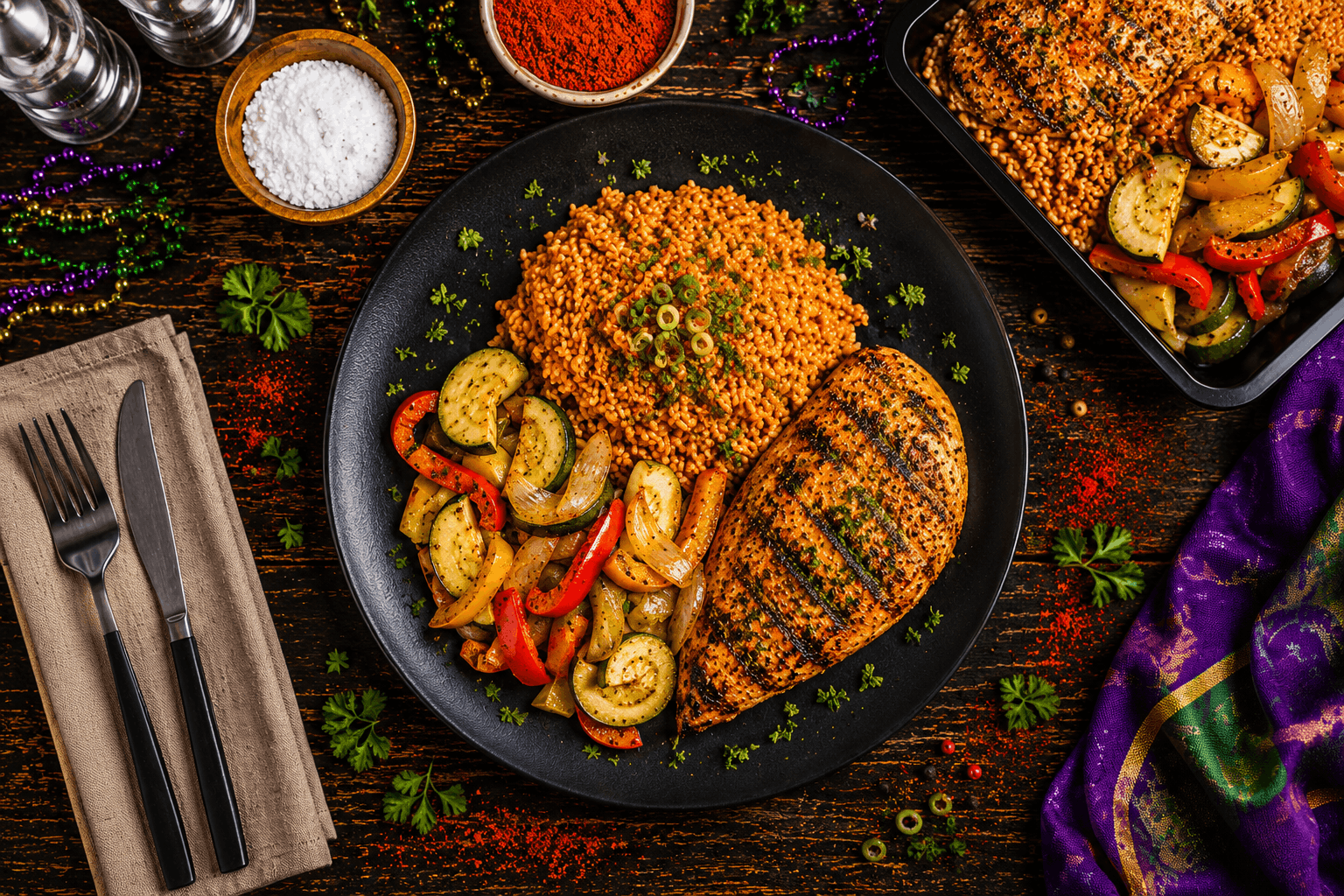 Juicy, hormone-free chicken breast rubbed in vibrant Cajun spices and flame-grilled. Plated with savory jasmine dirty rice folded with zucchini, and finished with a colorful side of sautéed bell peppers and sweet onions.