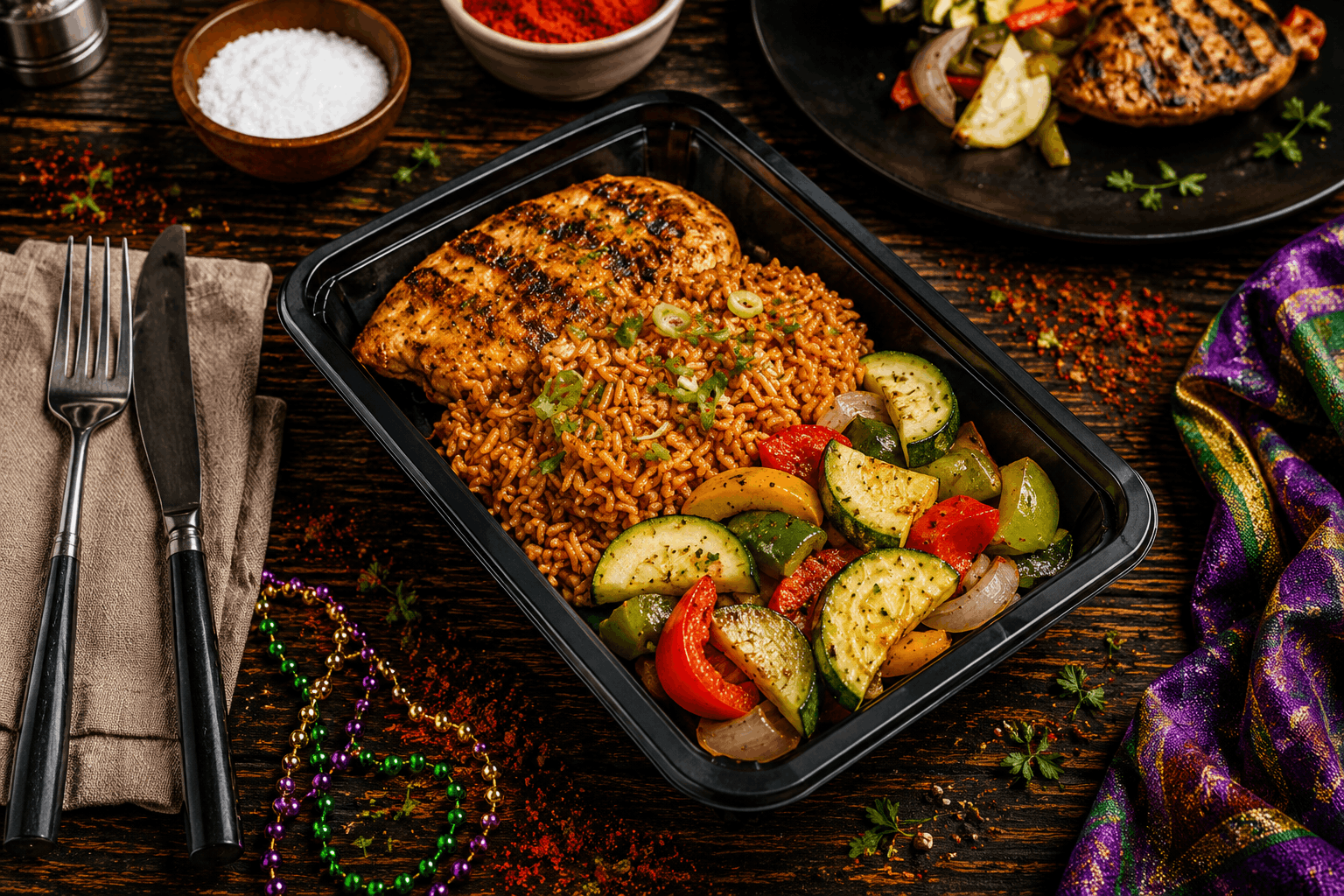 Juicy, hormone-free chicken breast rubbed in vibrant Cajun spices and flame-grilled. Plated with savory jasmine dirty rice folded with zucchini, and finished with a colorful side of sautéed bell peppers and sweet onions.