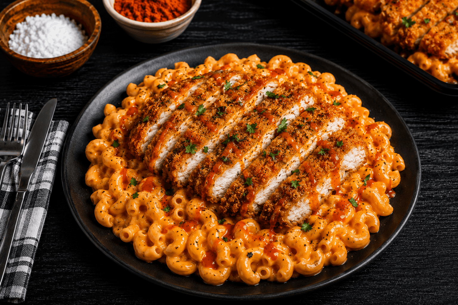 Hand-breaded chicken cutlet, perfectly crisp and tossed in our bold, tangy buffalo sauce, served atop creamy three-cheese macaroni and cheese. A comfort-food classic with a spicy kick.