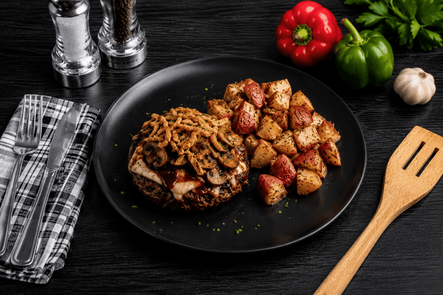 One all-natural 80/20 ground beef patty, lightly seasoned, cooked, and oven-finished to perfection. Glazed with our signature chipotle BBQ sauce, topped with a slice of pepper jack cheese, sautéed mushrooms and crispy onions. Served with oven roasted red potatoes.