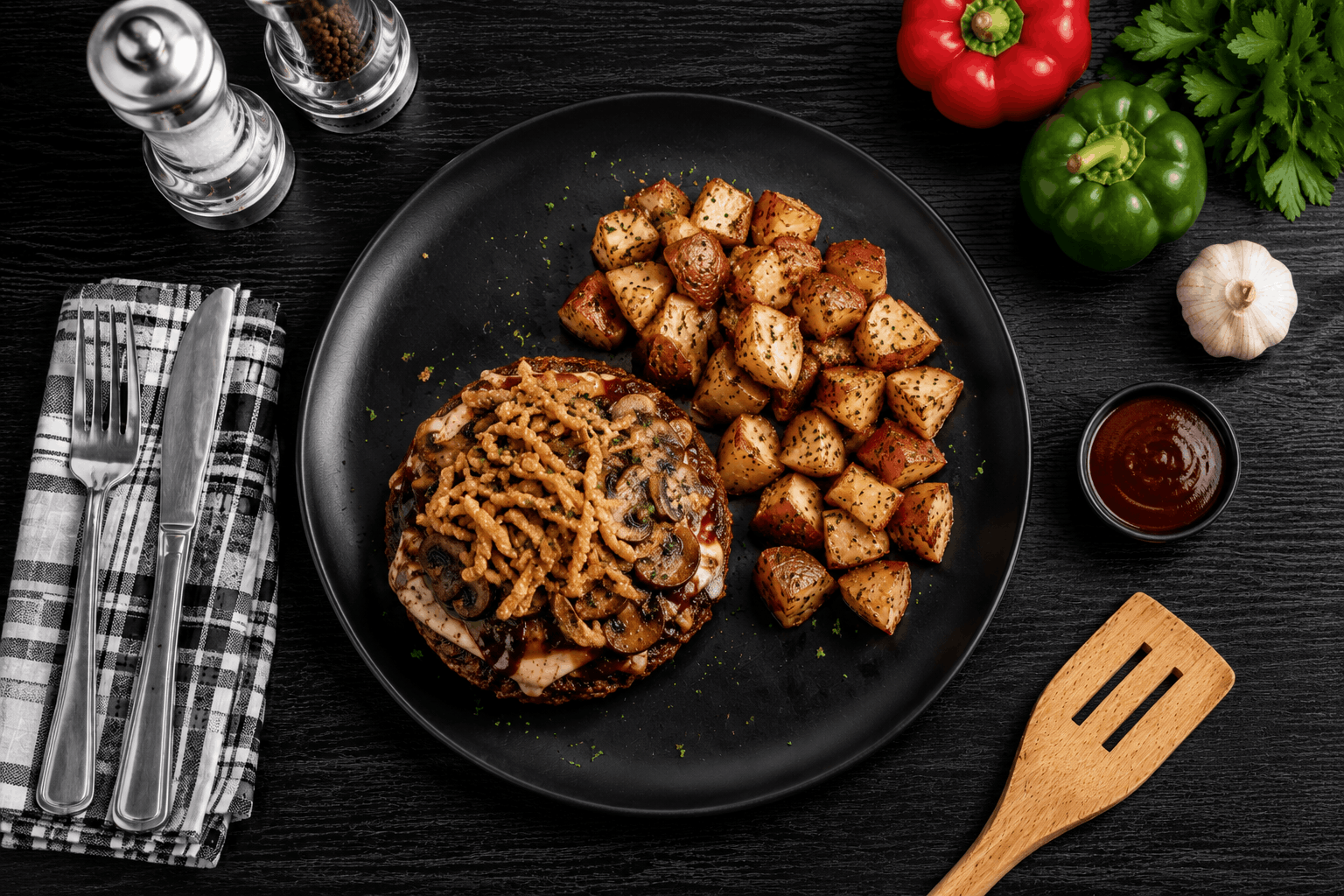 One all-natural 80/20 ground beef patty, lightly seasoned, cooked, and oven-finished to perfection. Glazed with our signature chipotle BBQ sauce, topped with a slice of pepper jack cheese, sautéed mushrooms and crispy onions. Served with oven roasted red potatoes.