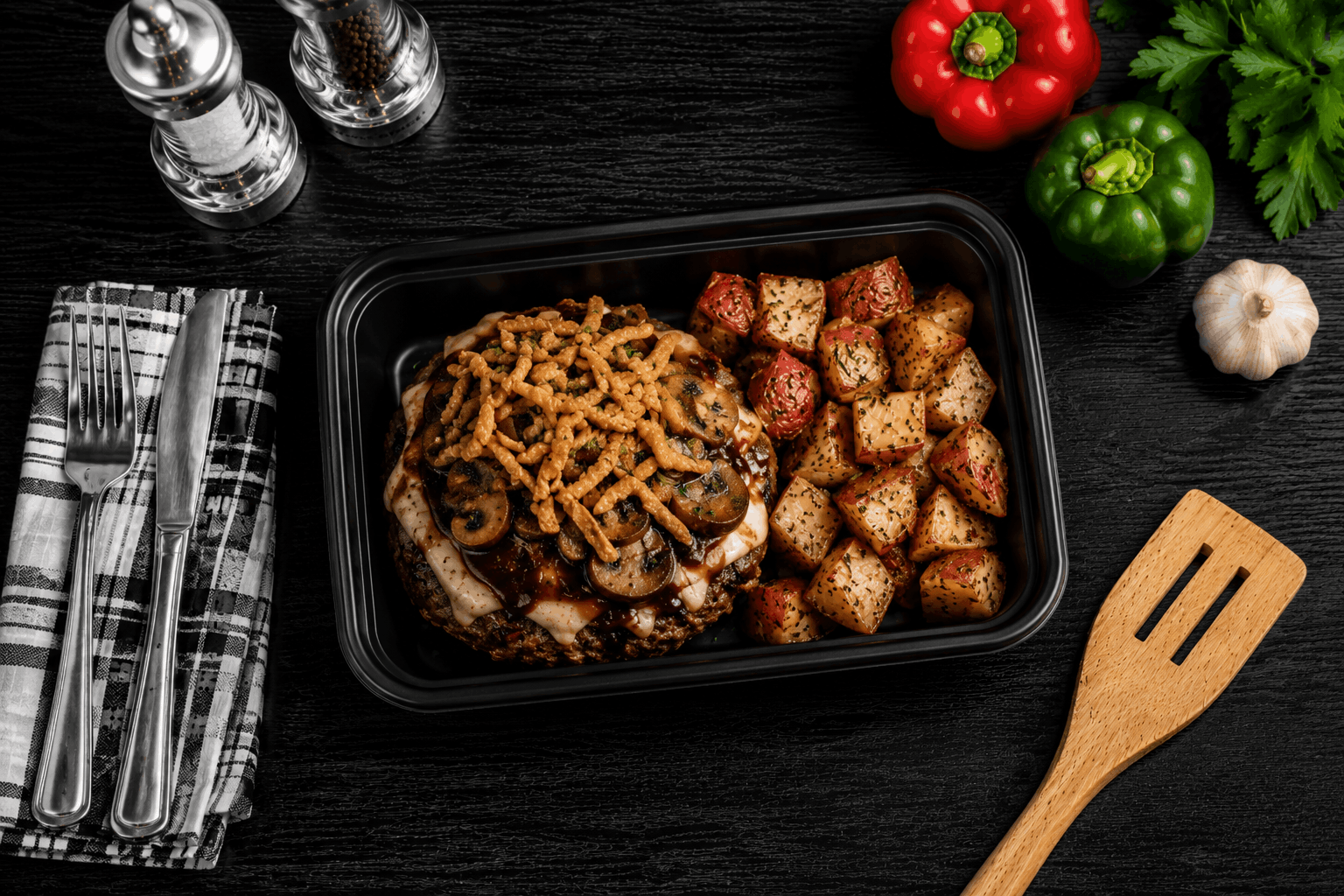 One all-natural 80/20 ground beef patty, lightly seasoned, cooked, and oven-finished to perfection. Glazed with our signature chipotle BBQ sauce, topped with a slice of pepper jack cheese, sautéed mushrooms and crispy onions. Served with oven roasted red potatoes.