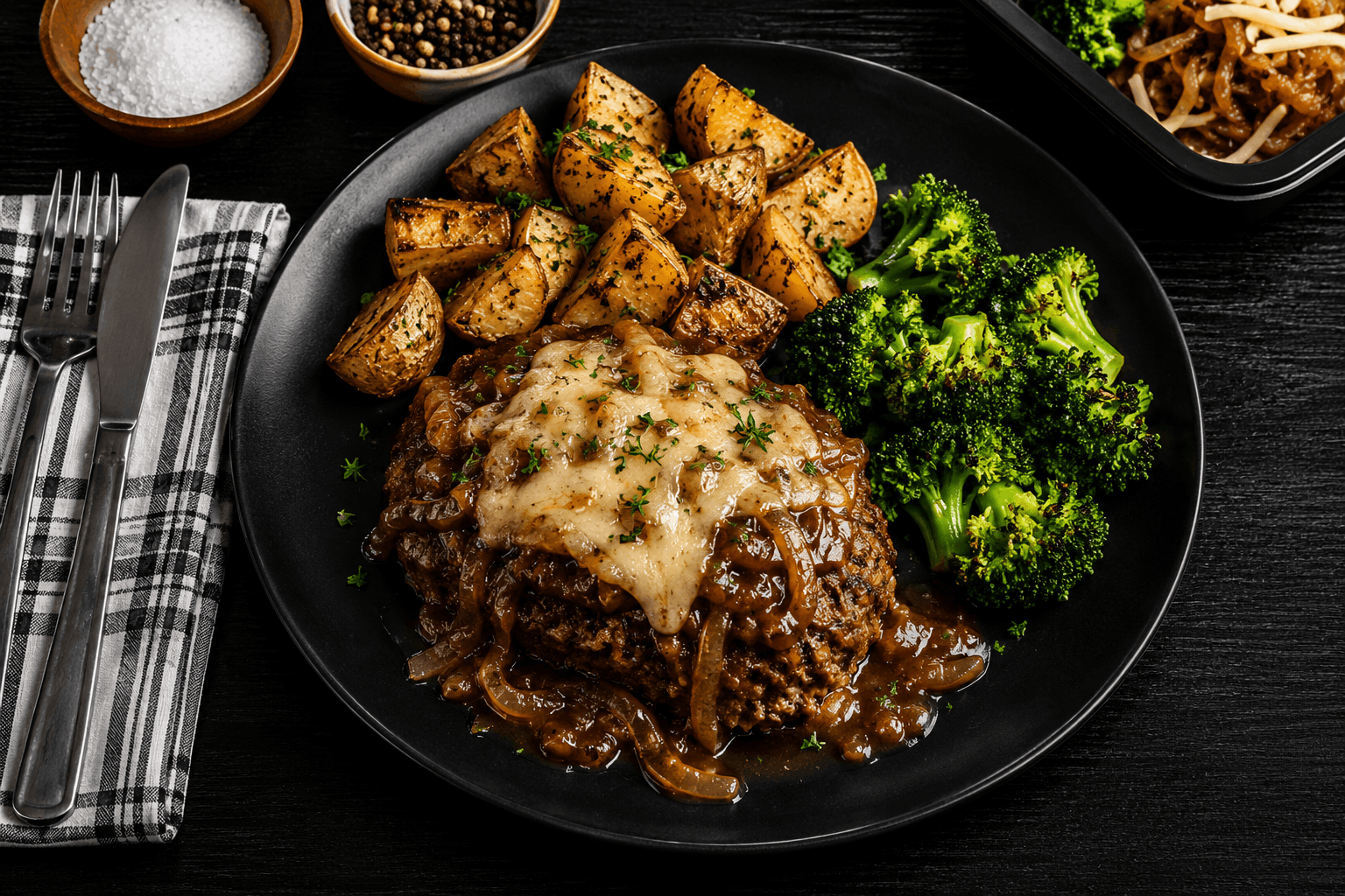Savory beef meatloaf infused with rich French onion flavors, topped with caramelized onions and melted Gruyère cheese. Served alongside crispy roasted potatoes and tender broccoli for a hearty, comforting plate.