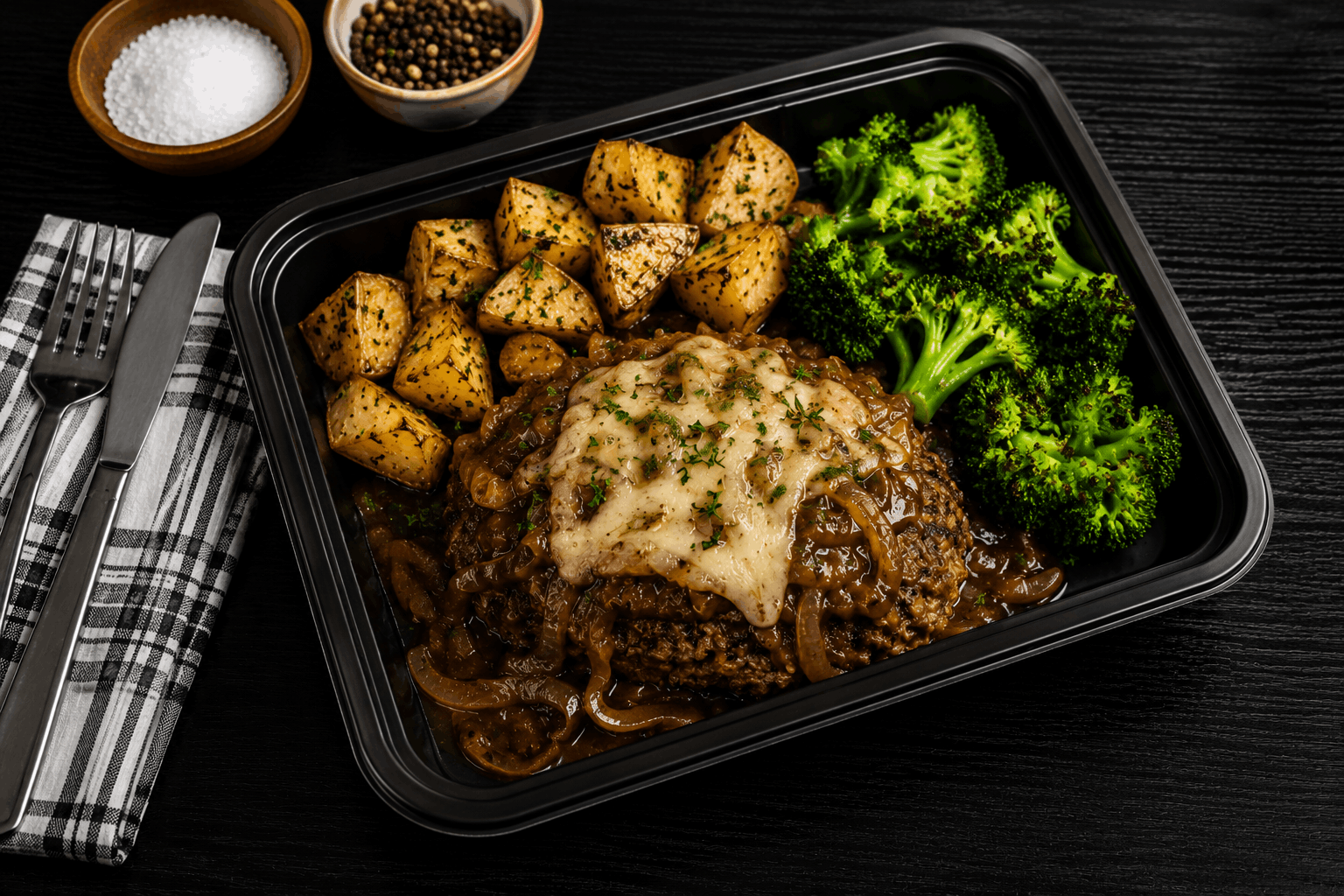 Savory beef meatloaf infused with rich French onion flavors, topped with caramelized onions and melted Gruyère cheese. Served alongside crispy roasted potatoes and tender broccoli for a hearty, comforting plate.