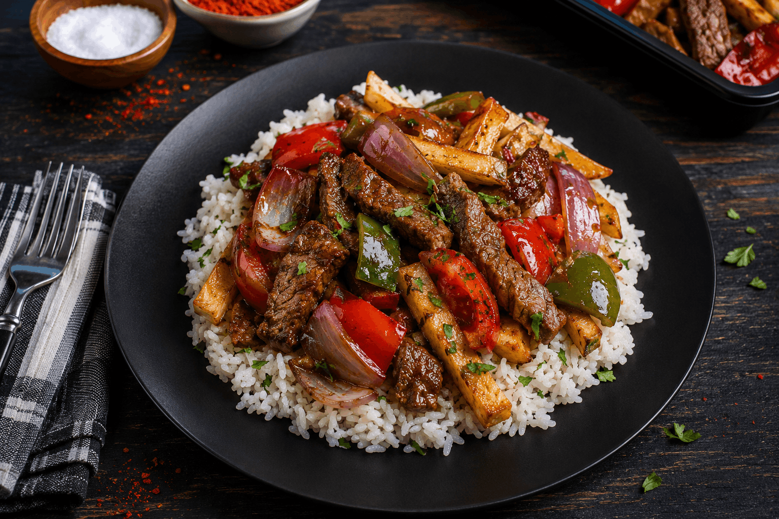 Tender sliced beef sautéed with crispy French fries, red onions, and colorful bell peppers in a savory garlic soy sauce, served over fluffy white rice and finished with fresh herbs for a bold Peruvian-inspired flavor.