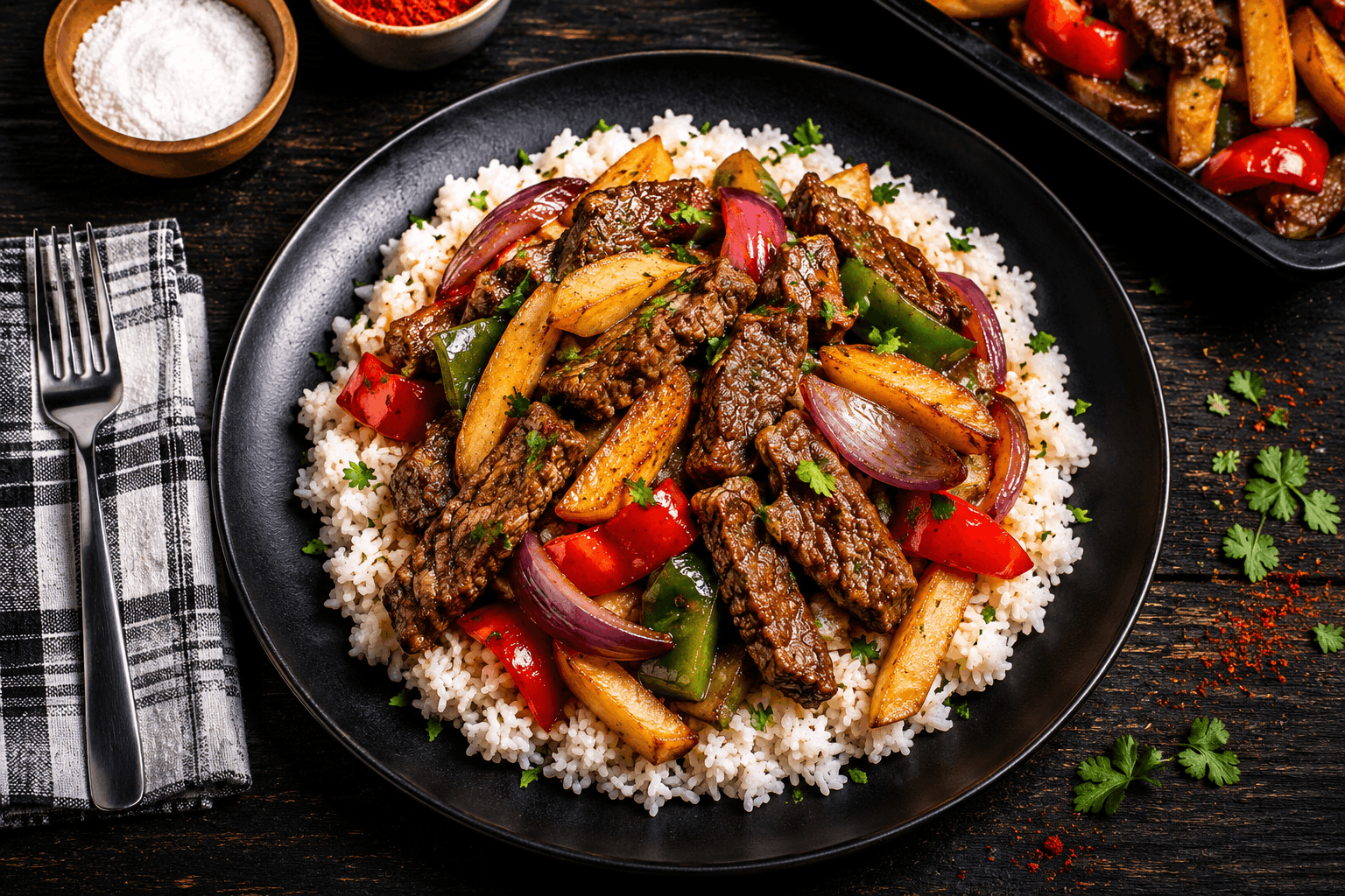 Tender sliced beef sautéed with crispy French fries, red onions, and colorful bell peppers in a savory garlic soy sauce, served over fluffy white rice and finished with fresh herbs for a bold Peruvian-inspired flavor.