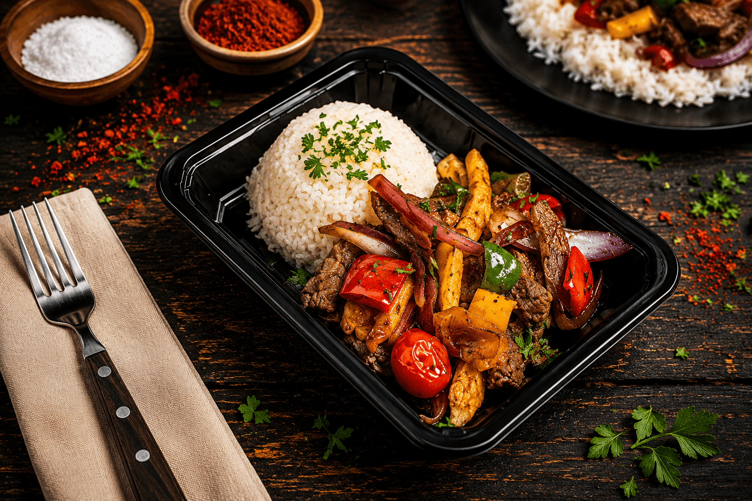 Tender sliced beef sautéed with crispy French fries, red onions, and colorful bell peppers in a savory garlic soy sauce, served over fluffy white rice and finished with fresh herbs for a bold Peruvian-inspired flavor.