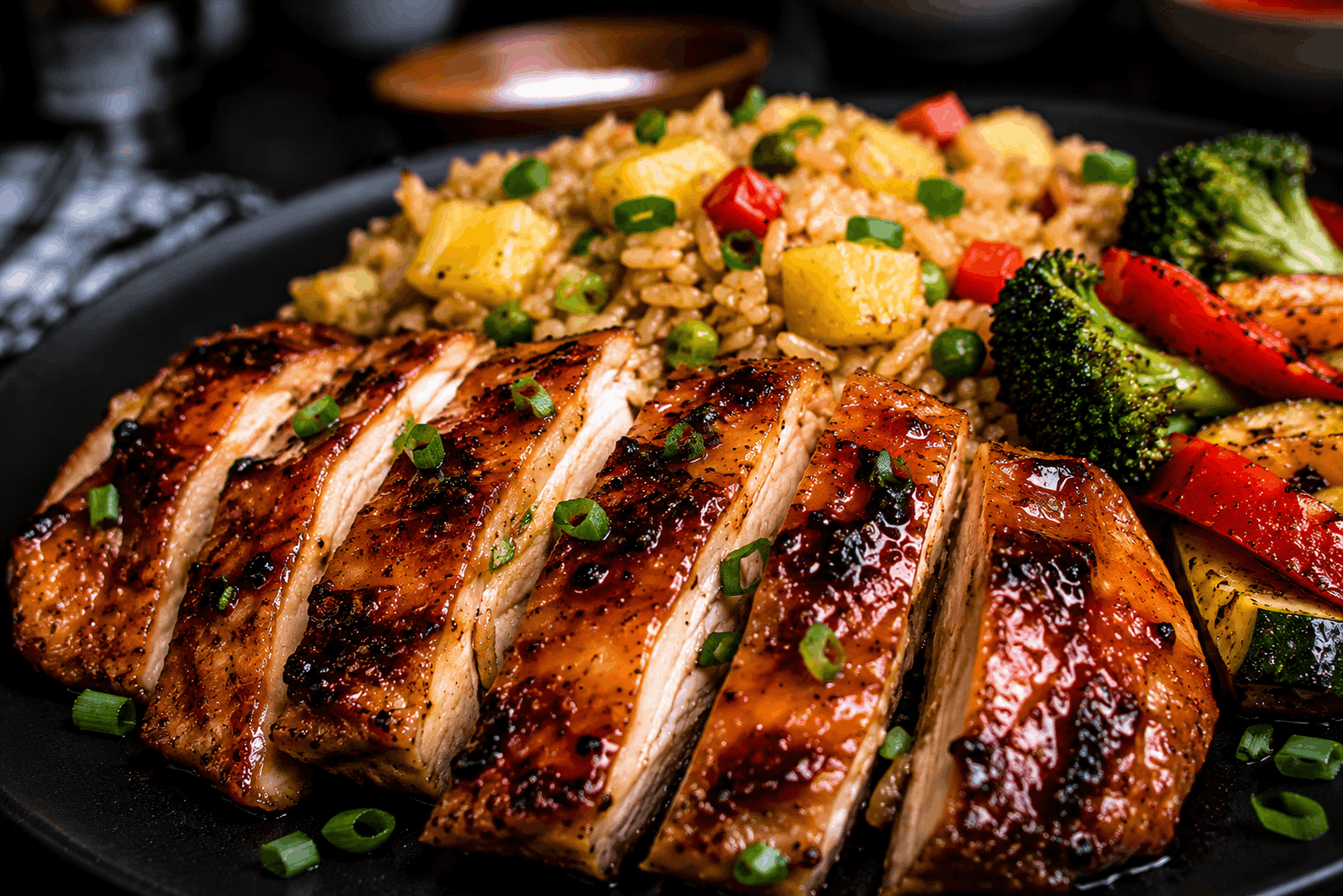 Tender boneless, skinless chicken thighs grilled to perfection and glazed with a sweet and smoky Hawaiian BBQ sauce. Served alongside flavorful pineapple fried rice loaded with tropical pineapple and savory seasonings, plus a colorful blend of roasted vegetables.