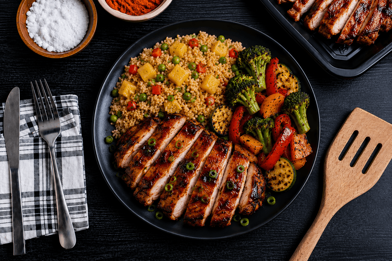 Tender boneless, skinless chicken thighs grilled to perfection and glazed with a sweet and smoky Hawaiian BBQ sauce. Served alongside flavorful pineapple fried rice loaded with tropical pineapple and savory seasonings, plus a colorful blend of roasted vegetables.