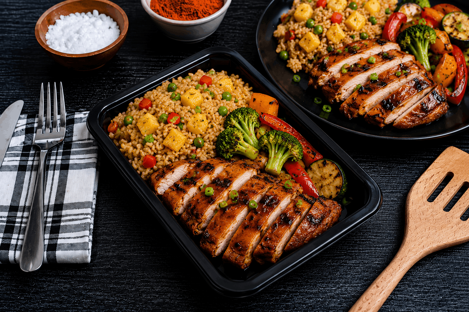 Tender boneless, skinless chicken thighs grilled to perfection and glazed with a sweet and smoky Hawaiian BBQ sauce. Served alongside flavorful pineapple fried rice loaded with tropical pineapple and savory seasonings, plus a colorful blend of roasted vegetables.