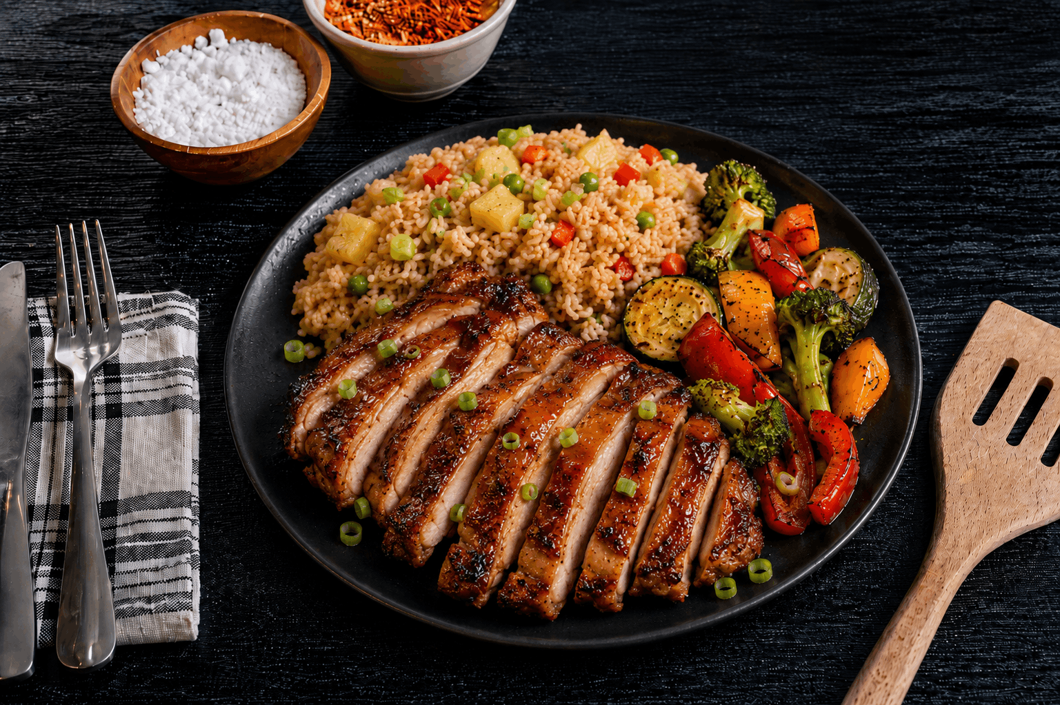 Tender boneless, skinless chicken thighs grilled to perfection and glazed with a sweet and smoky Hawaiian BBQ sauce. Served alongside flavorful pineapple fried rice loaded with tropical pineapple and savory seasonings, plus a colorful blend of roasted vegetables.